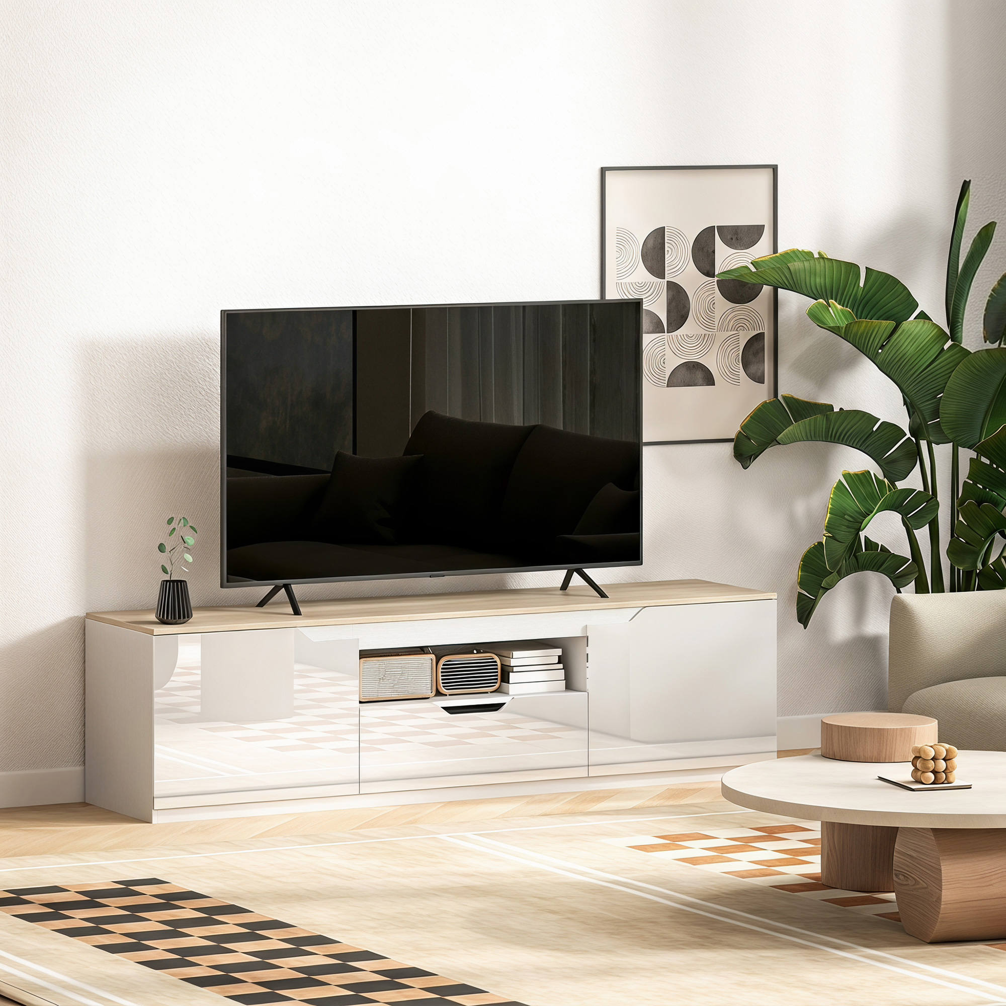TV-Lowboard, Hochglanz, für Fernseher bis 65'', 3 Fächer, Schublade, 160 x 38 x 43 cm, Naturholz