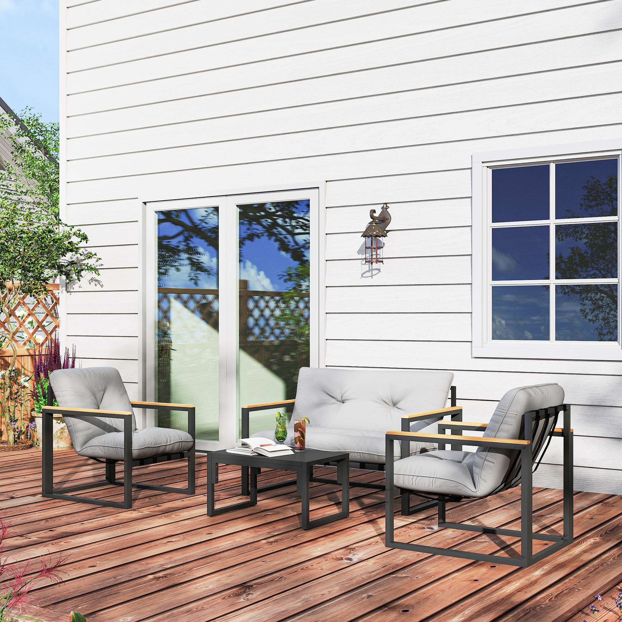 Gartenmöbel Set 4 Personen wetterfest Balkonmöbel-Set mit 2er Sofa, Sessel Sitzkissen Hellgrau