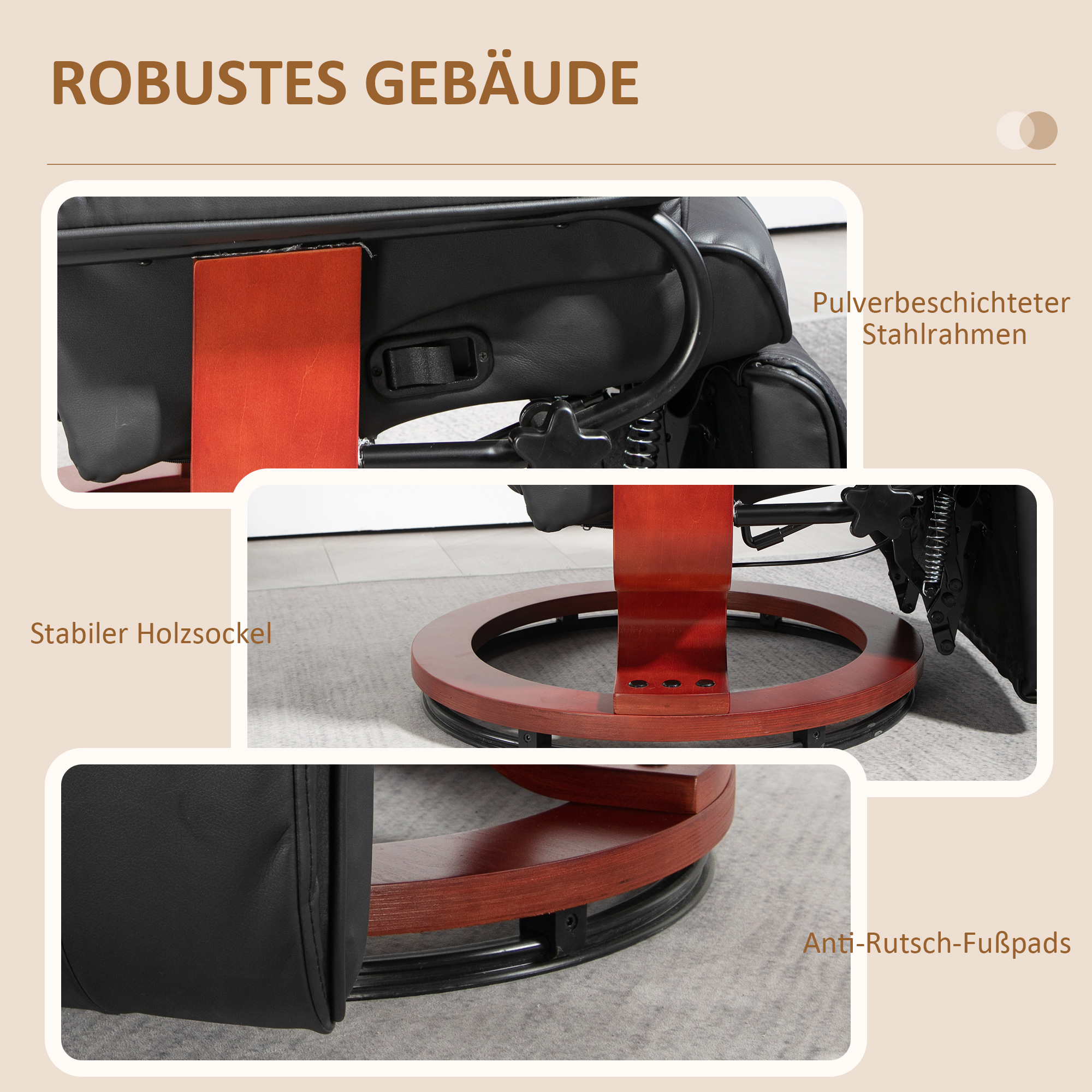 Relaxsessel mit Liegefunktion, drehbar, bis 150 kg, Kunstlederbezug, Stahlrahmen, Braun