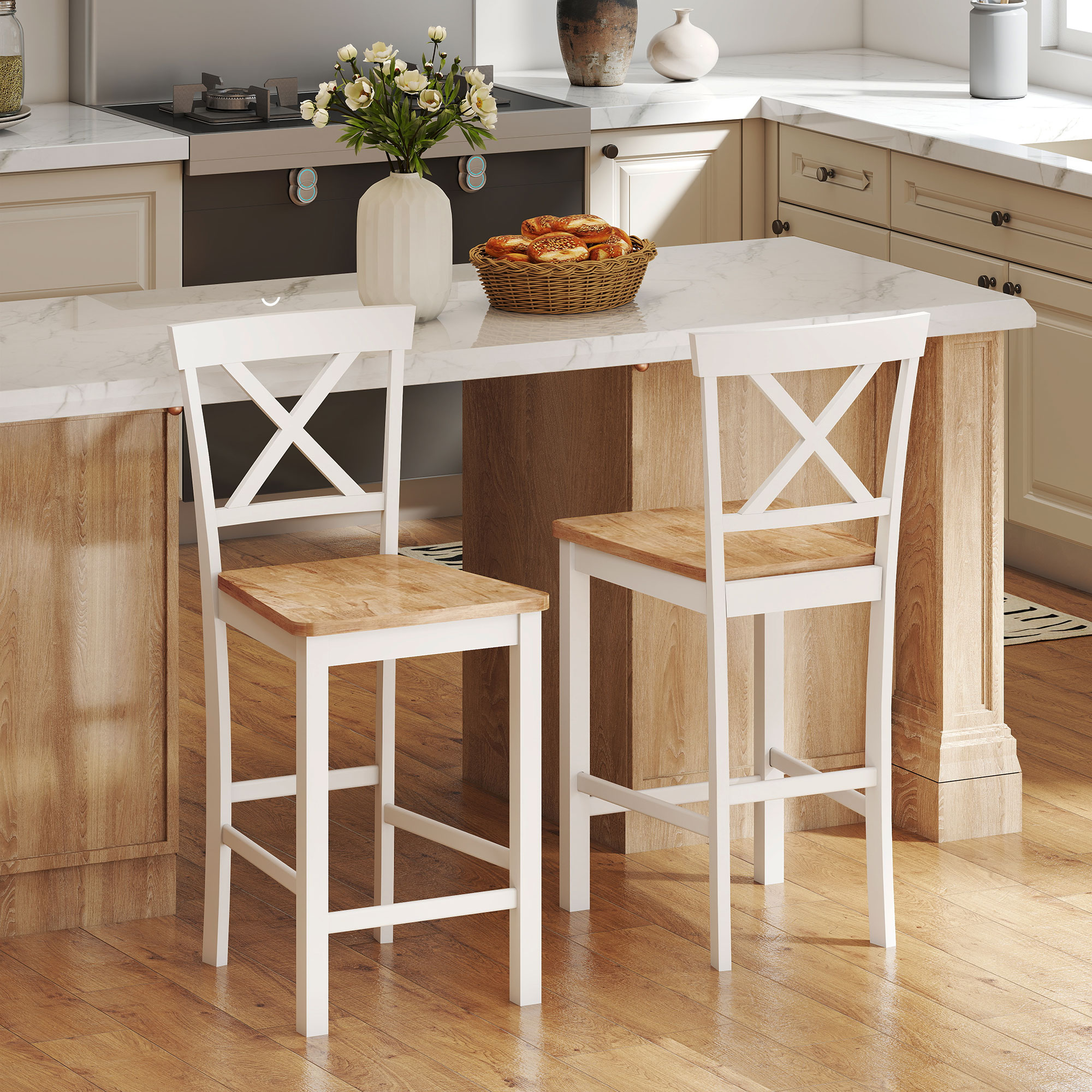 2er-Set Barstühle mit Rückenlehne und Fußstütze, Kautschukholz, für Küche, Esszimmer, Bar, Eiche+Weiß
