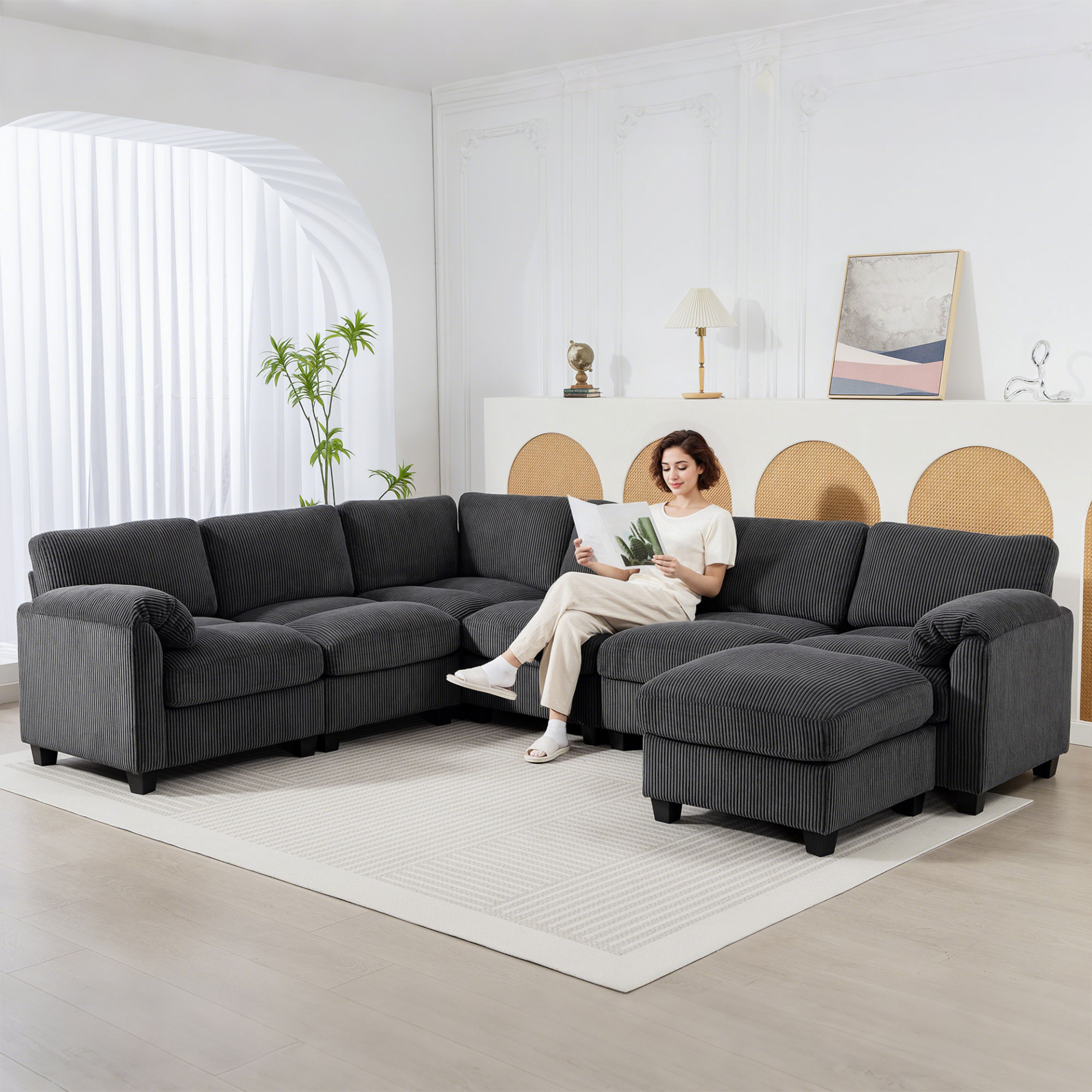 Ecksofa U-Form Sofa Couch mit Federpolsterung gepolsterte Armlehnen beweglicher Ottomane Cord 292x224x85 cm Dunkelgrau