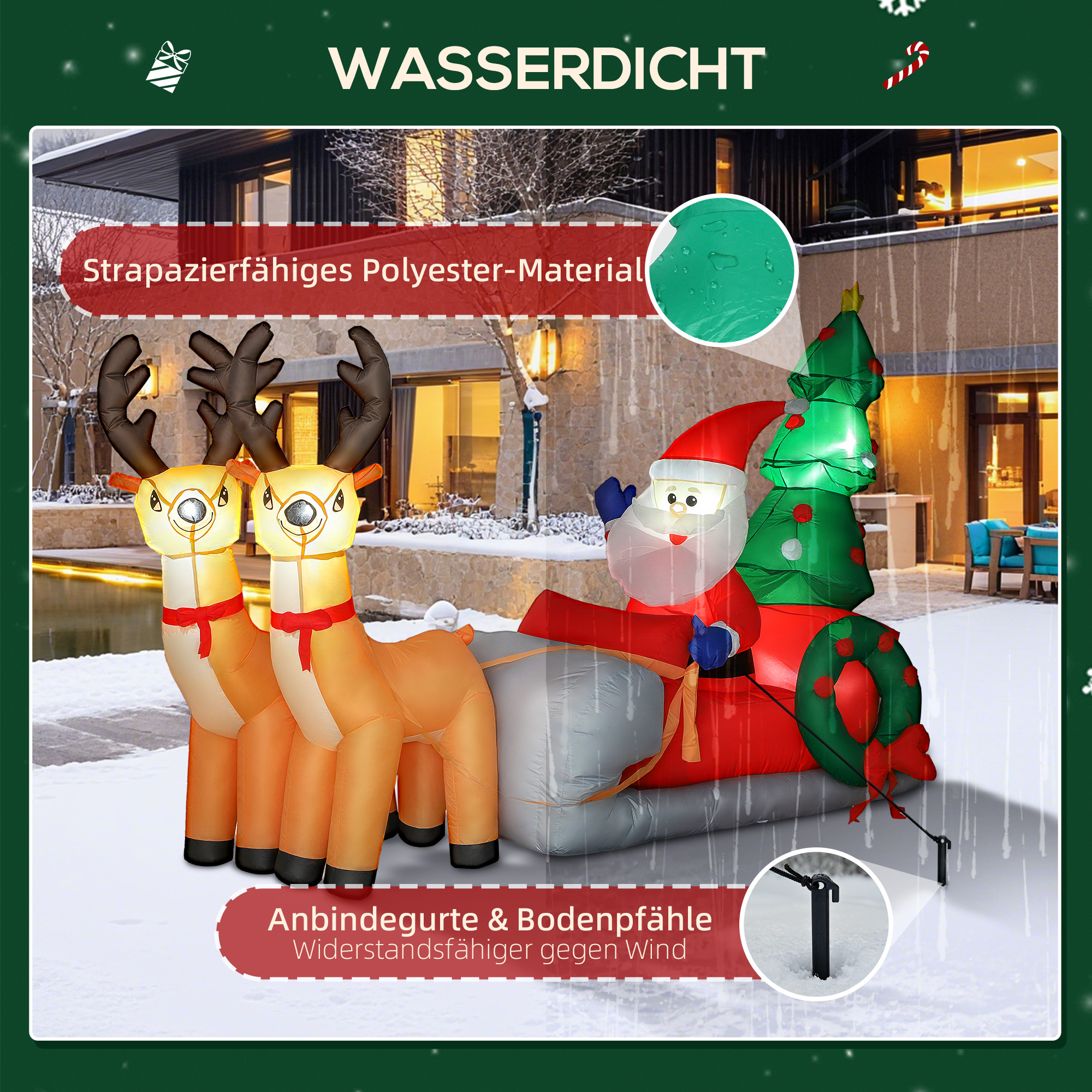 Aufblasbare Weihnachtsdekoration, Weihnachtsmann in Rentierschlitten, Polyesterstoff, LED-Lichter, Bunt