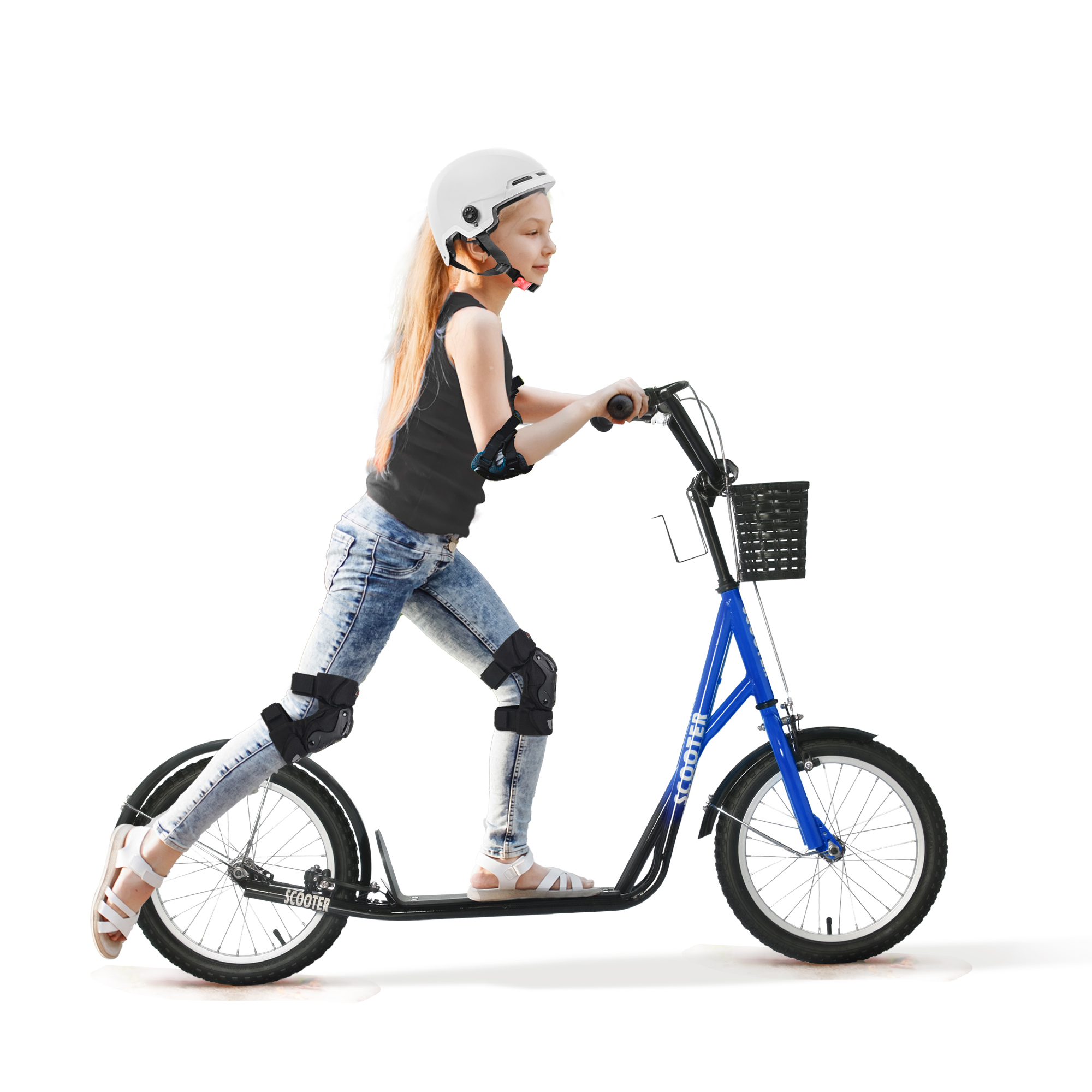 Kinderroller, Scooter mit Bremse, inkl. Korb, höhenverstellbar, für Kinder 5-12 J., blau+schwarz