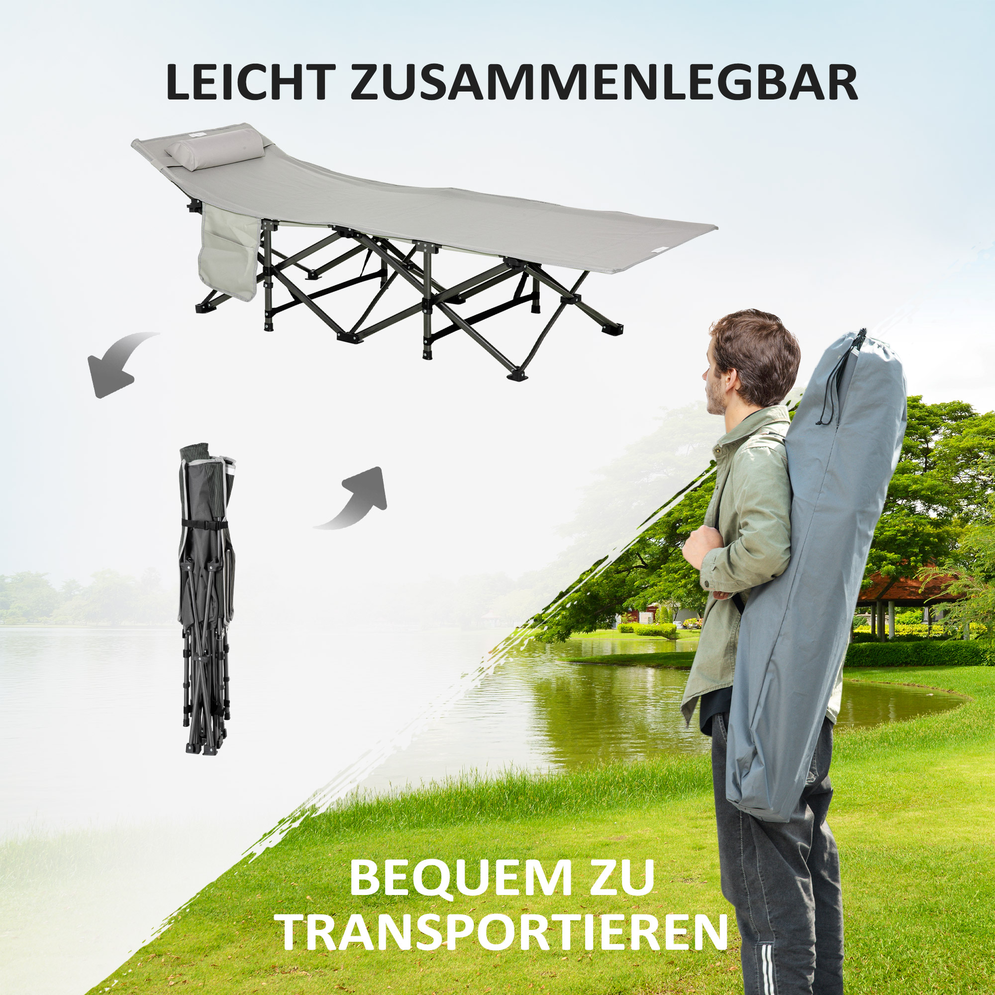 Feldbett faltbar Campingbett mit Matratze Tragetasche 188 x 64,5 x 53 cm Gästebett bis 150 kg belastbar Campingliege für Erwachsene Klappbett für Outdoor, Garten Camping Reisen Hellgrau