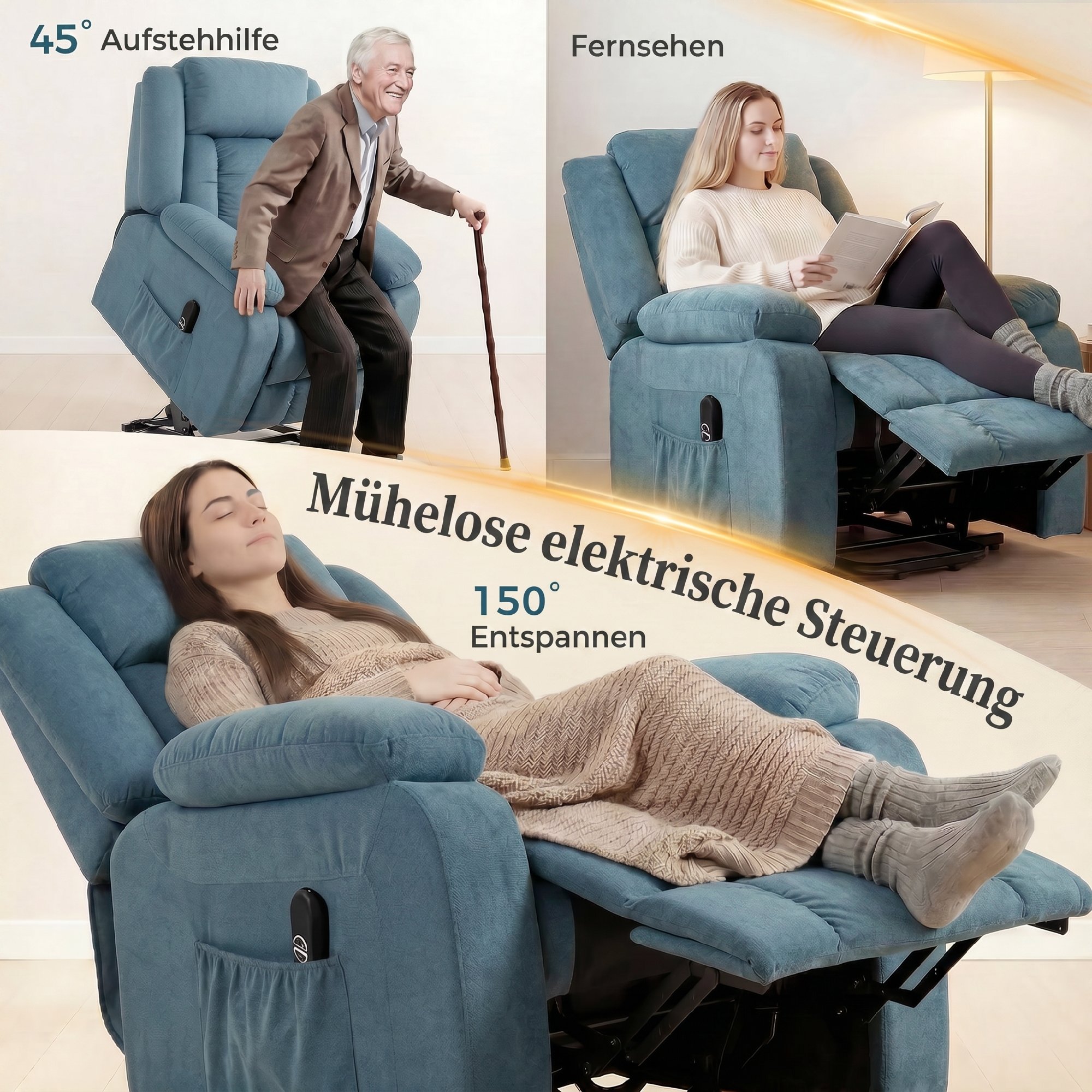 Aufstehsessel mit weichem Bezug, Recliner-Sessel mit Fernbedienung und Seitentaschen, Blau