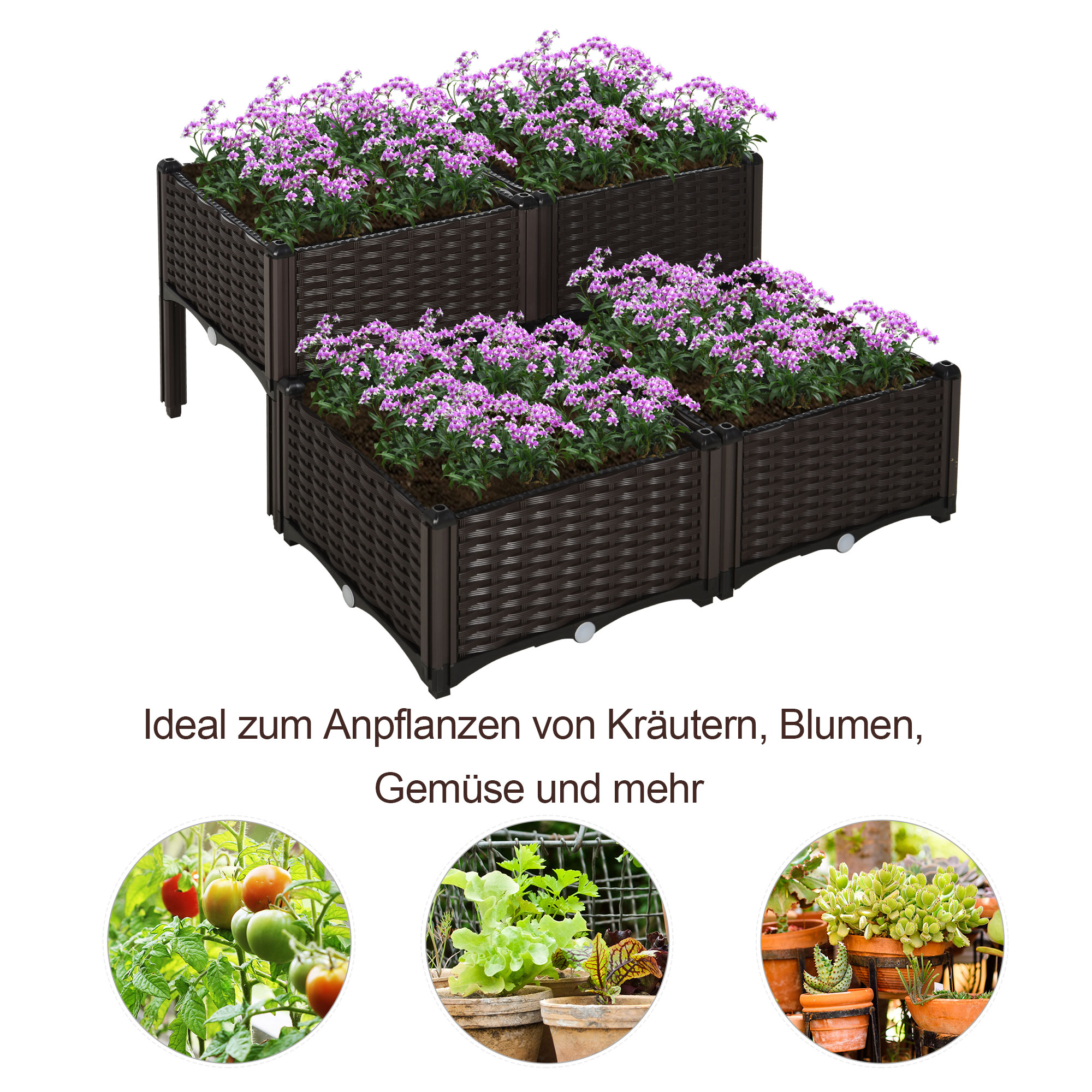 Hochbeet, Pflanzkasten mit Abflusslöchern, Blumenkasten im Rattan-Look, Kunststoff, Braun, 40 x 40 x 44 cm