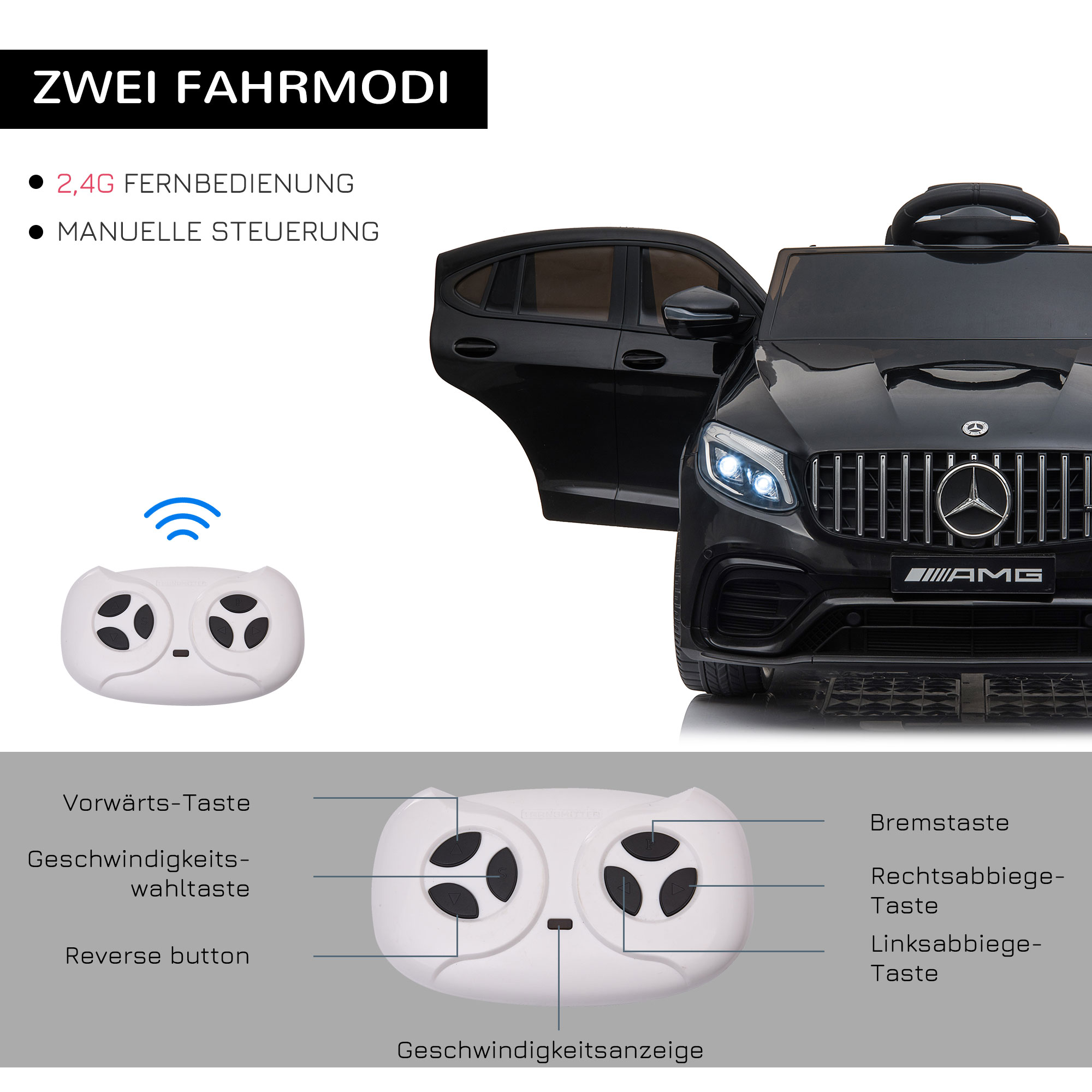 Kinder Elektroauto 12V Kinderauto mit 2,4 G Fernbedienung, 2 Motor, Kinderfahrzeug mit Hupe, Musik, Sicherheitsgurt, Elektrofahrzeug für 37-60 Monate Kinder, Schwarz