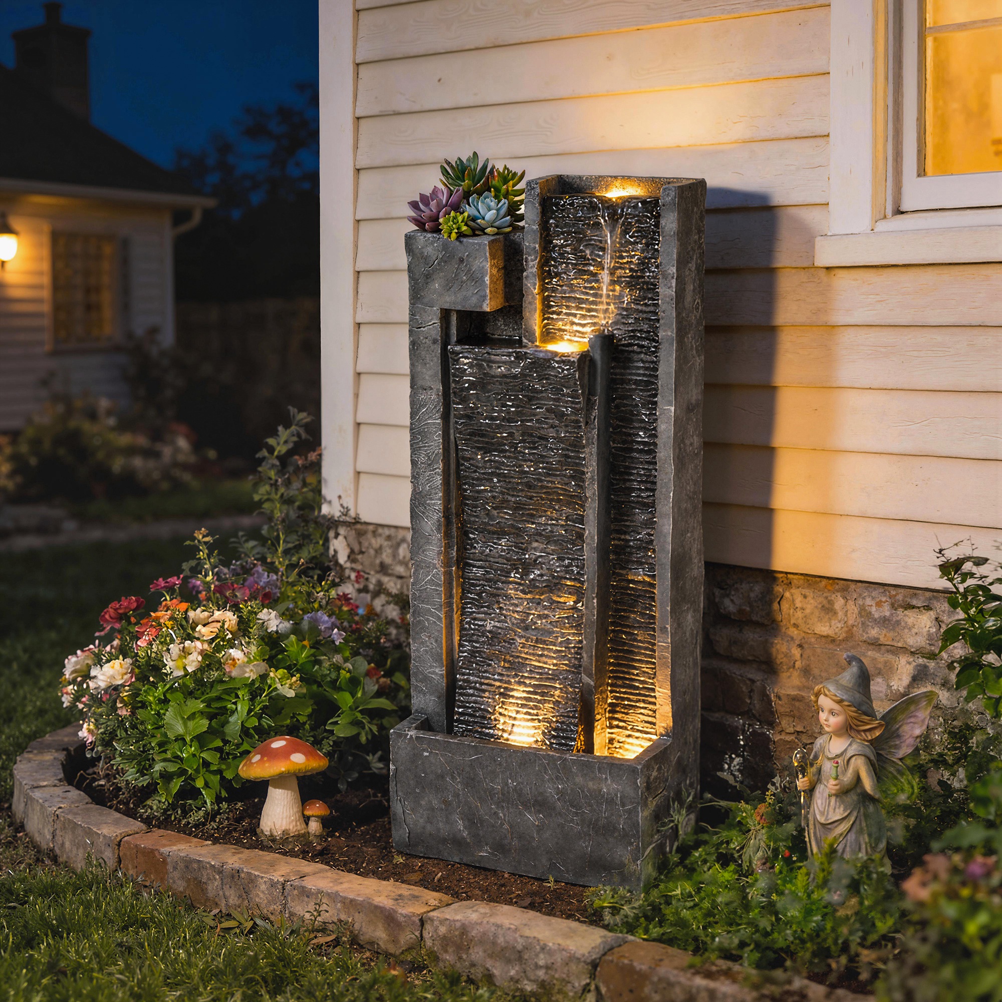 Springbrunnen 3-stufig Gartenbrunnen mit LED Beleuchtung Pflanzkübel Pumpe Steinoptik, Verstellbar 38 x 19 x 101 cm