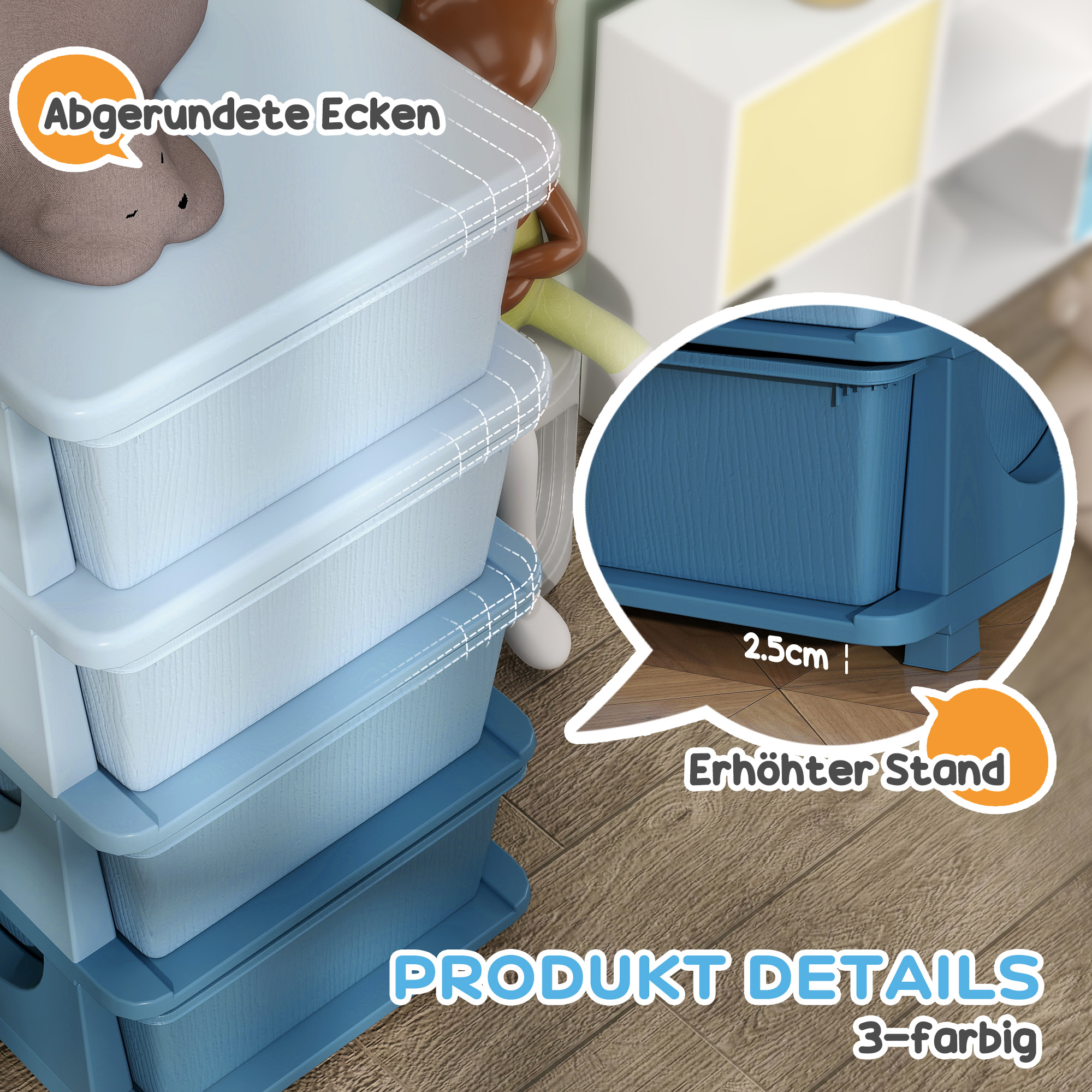 Aufbewahrungsboxen für Kinder, 4 Schubladen, abgerundete Kanten, erhöhtes Design, Kunststoff, Blau