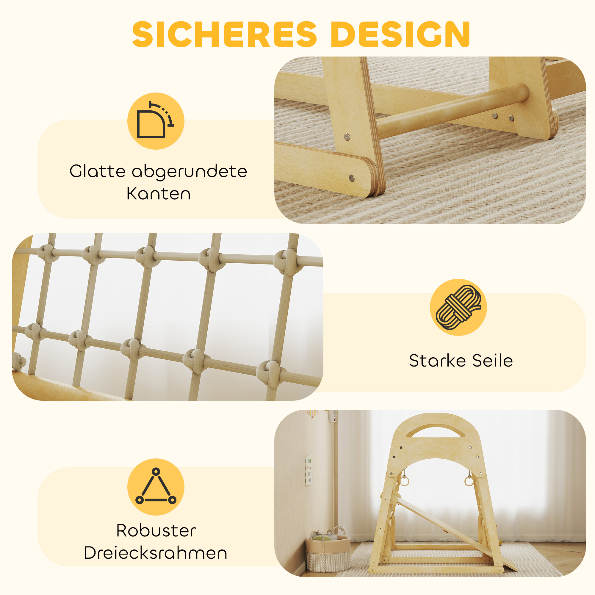 Indoor-Klettergerüst, 6-in-1 Design, Rutsche, Kletterstangen, Kletterwand, Leiter, Kletternetz, 3-6 Jahre, Holz