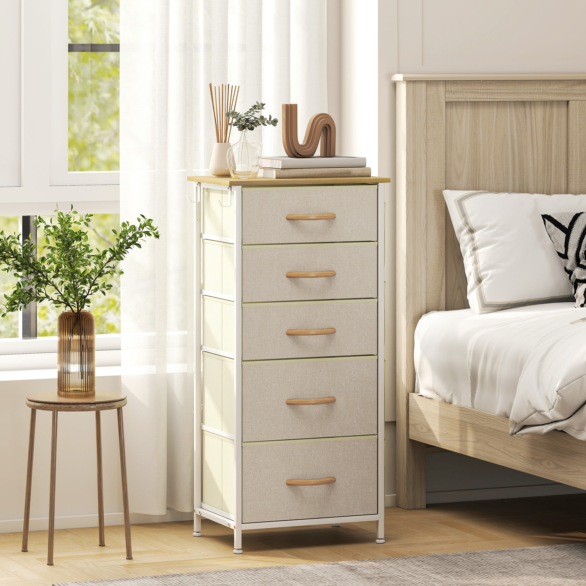 Schlafzimmer-Kommode mit 5 Stoffschubladen, Stahlstreben, Holzoberfläche, 4 Aufbewahrungstaschen, 2 Haken, Beige