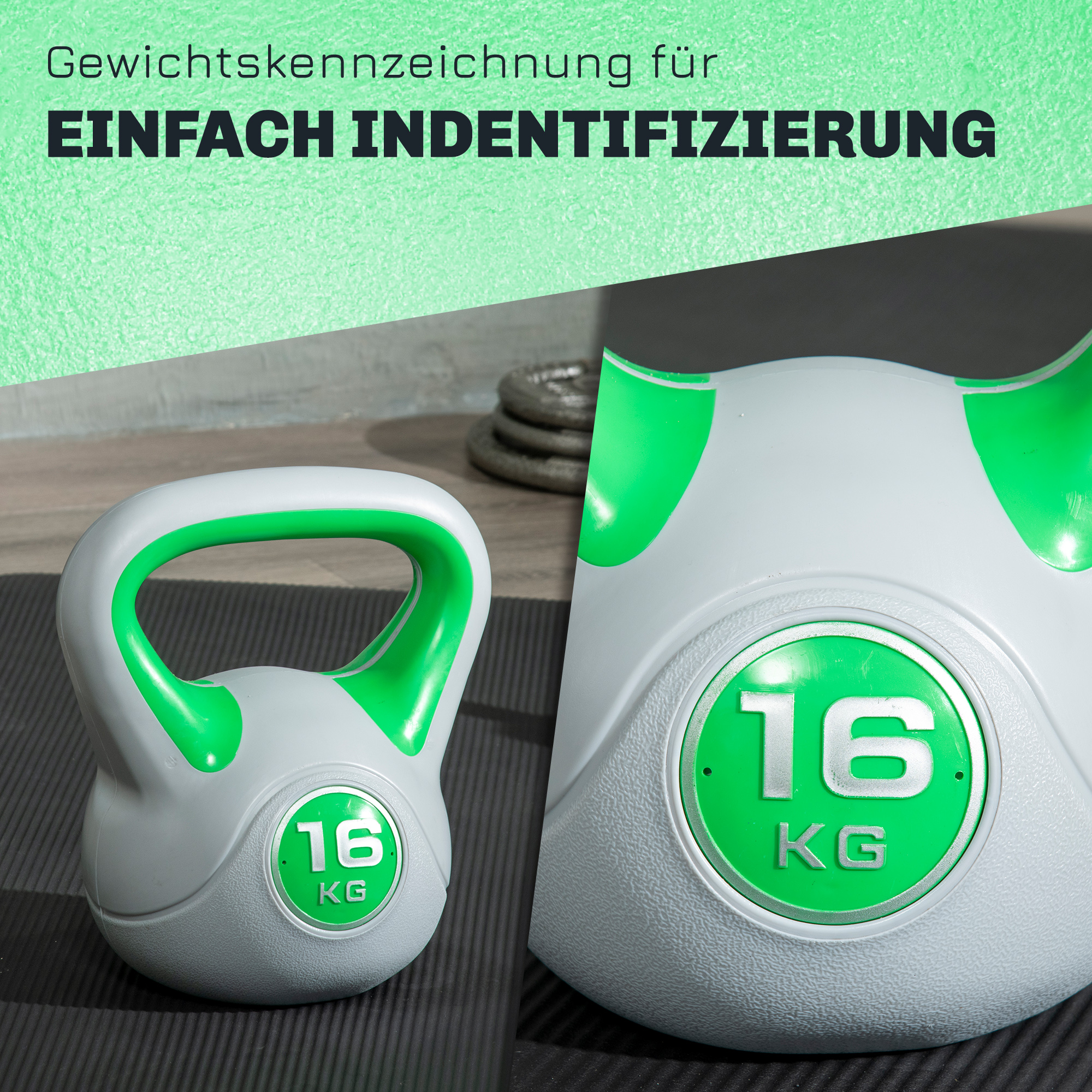 Kugelhantel, Kettlebell, 16 kg, flache Unterseite, großer Griff, Gewichtkugel, Grün, 27 x 17 x 31 cm