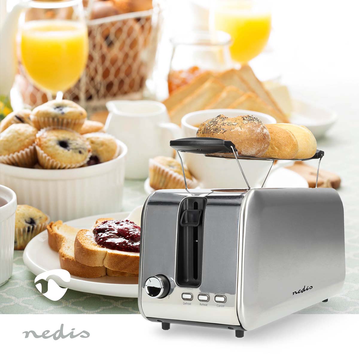 Toaster | 4 Brotscheiben | 2 Lange Schlitze | Bräunungsstufen: 7 | Auftaufunktion | Aluminium / Silber