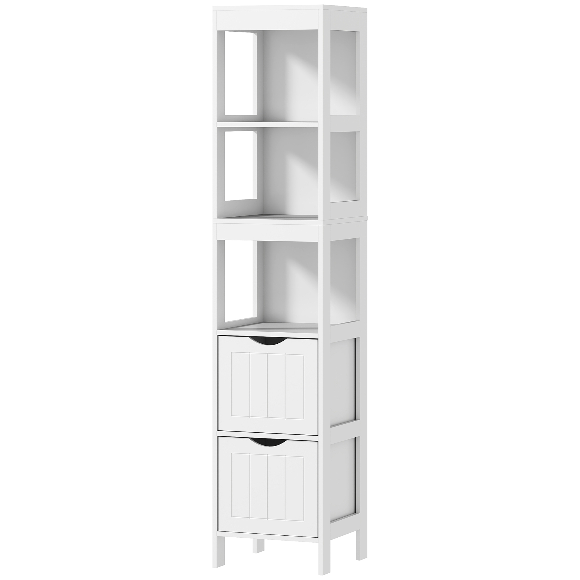 Badezimmerschrank, Kompaktes Badezimmerregal mit 2 Schubladen und 3 offenen Fächern, Freistehendes Badregal, MDF, Weiß Badezimmerschrank, Kompaktes Badezimmerregal mit 2 Schubladen und 3 offenen Fächern, Freistehendes Badregal, MDF, Weiß