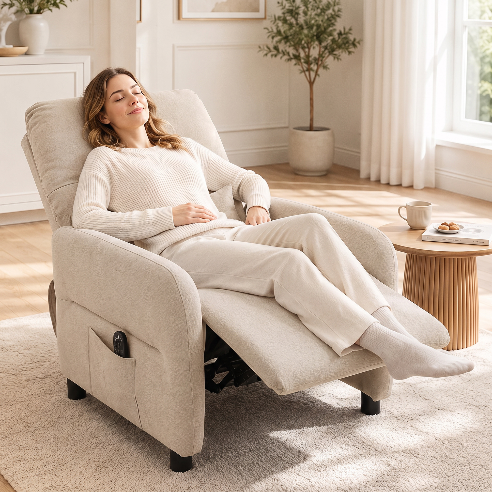 Relaxsessel mit Massage & Wärme, Liegefunktion, 2 Seitentaschen und ausziehbarer Fußstütze, Beige