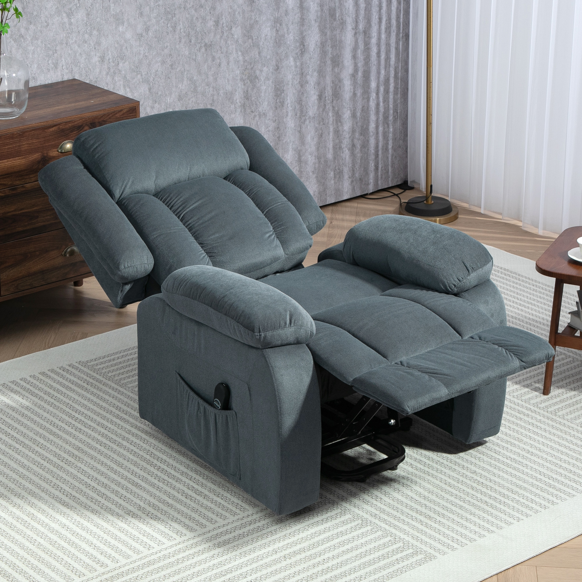 Aufstehsessel mit weichem Bezug, Recliner-Sessel mit Fernbedienung und Seitentaschen, Grau