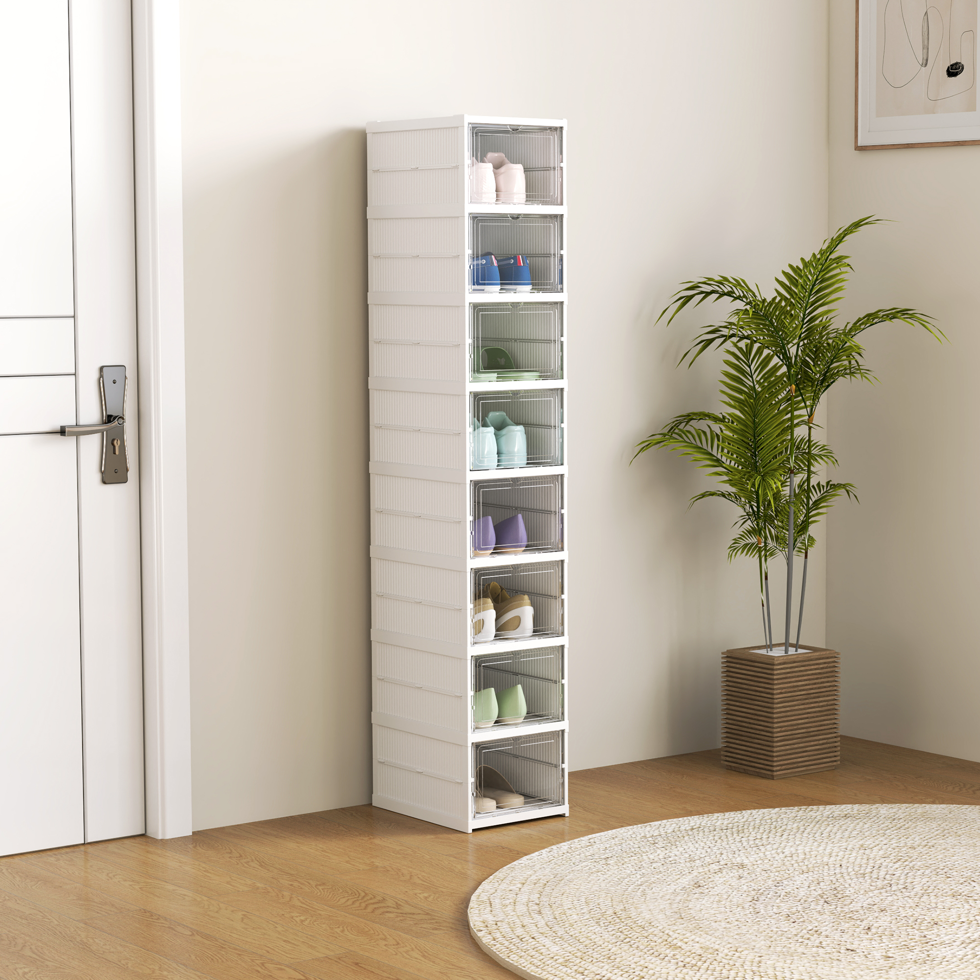 8-stufiges Schuhregal, Schuhschrank, faltbar, belüftete Rückseite, Kunststoff, Weiß