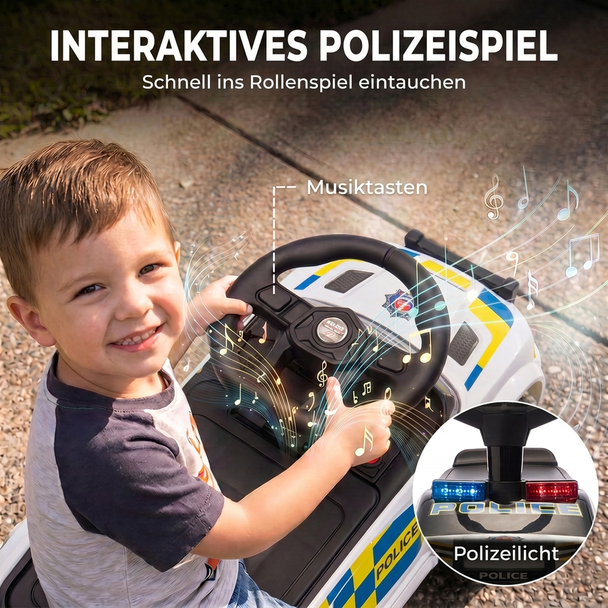 Rutschauto Kinder Polizei Rutschfahrzeug mit Musik Licht Anti-Kipp-Schutz & Stauraum unter dem Sitz 18-36 Monate Weiß