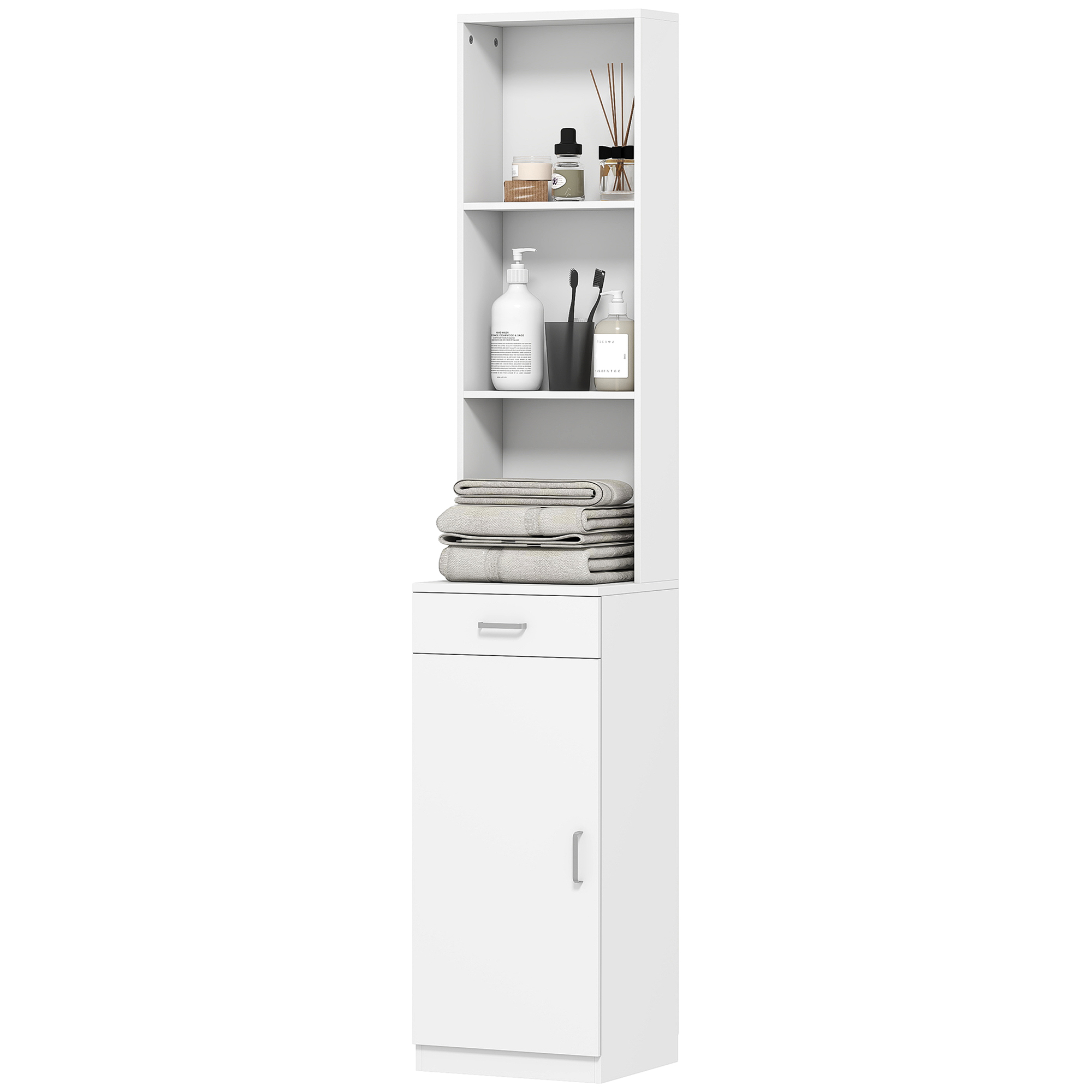 Hoher Badezimmerschrank, schmales Design, Schublade, Regale, Schrank, Spanplatte, Weiß