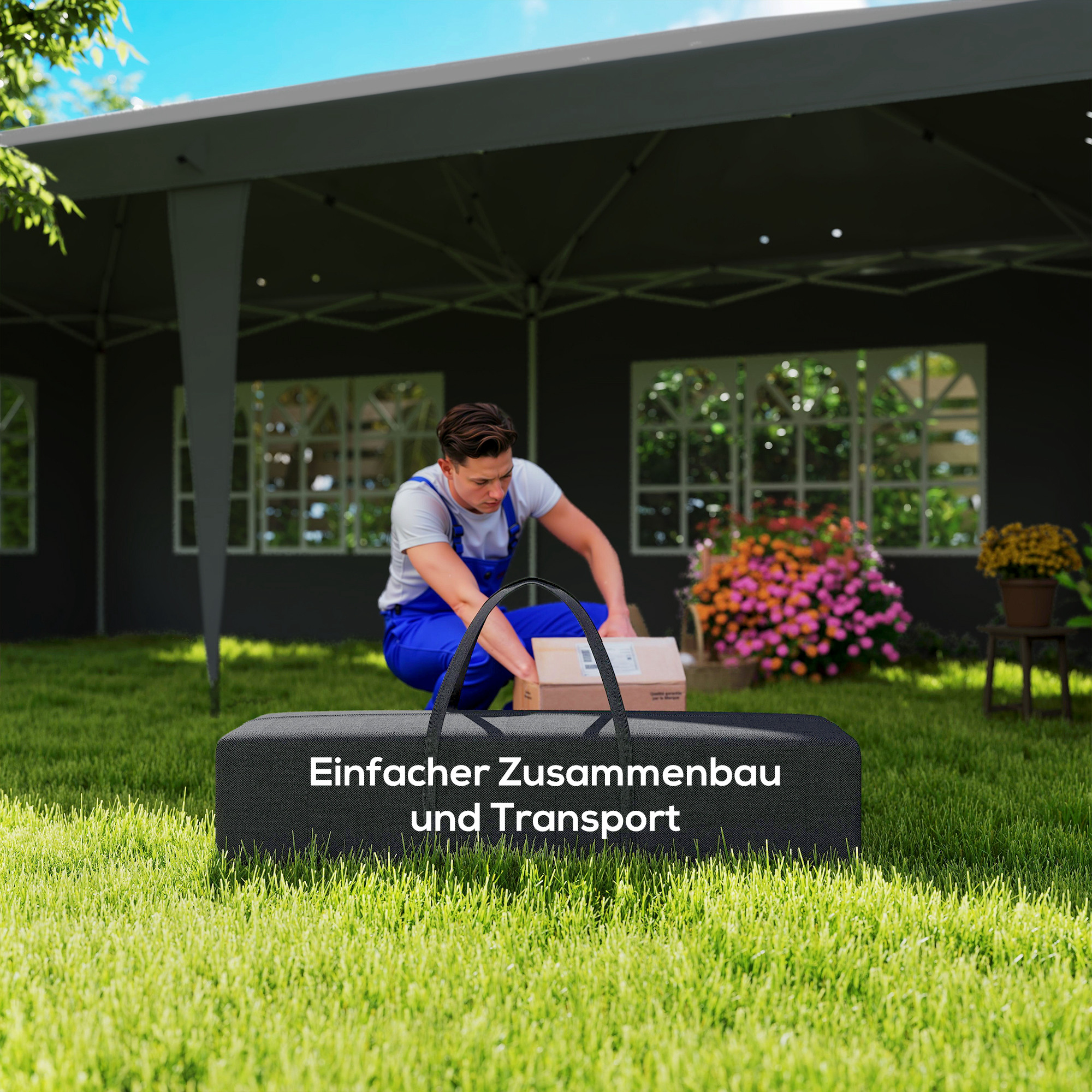 Pavillon ca. 3x6m Wasserdicht Pop-up Faltpavillon mit 4 Seitenwänden, Fenster UV-Schutz Tragetasche Schwarz