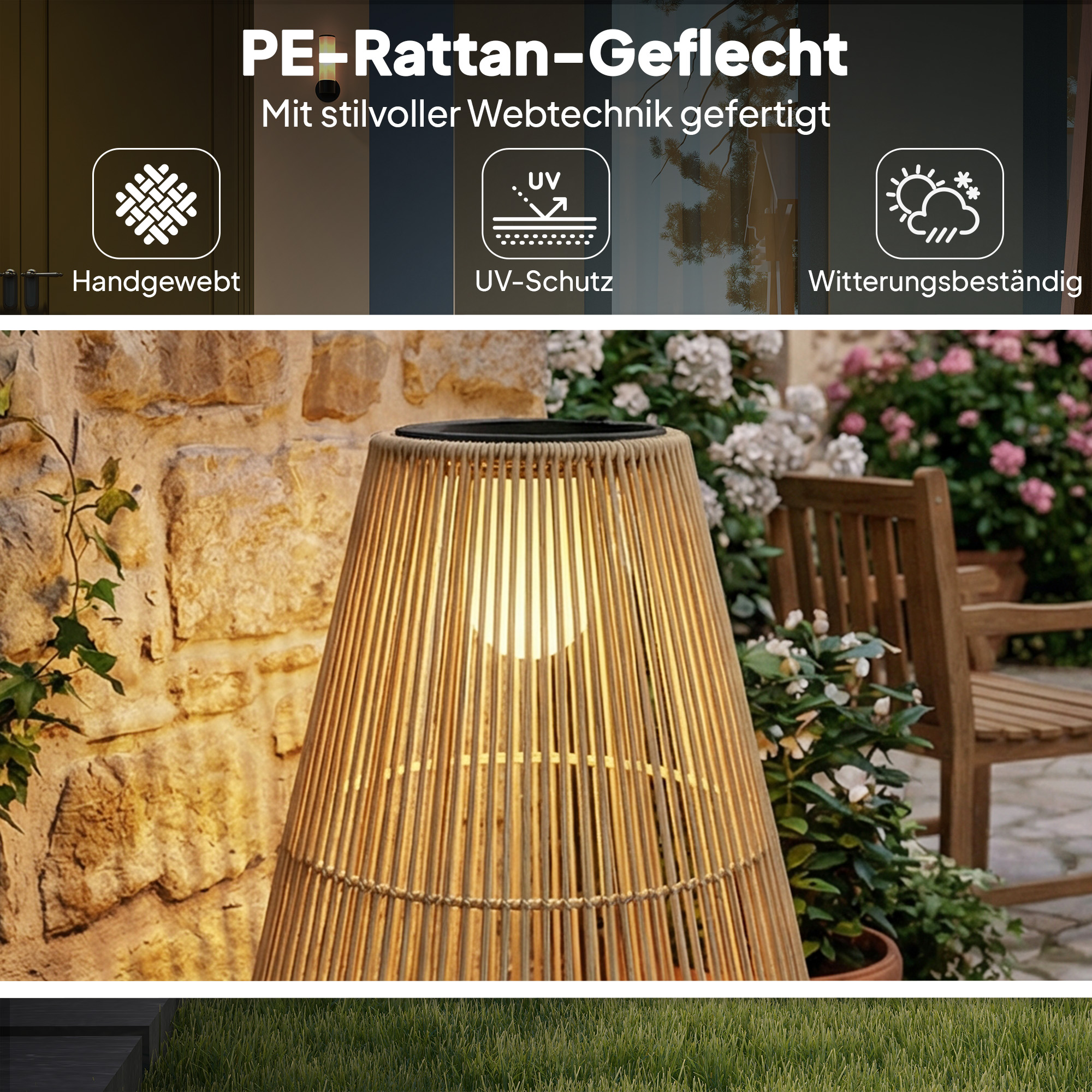 Solar Stehlampe Rattan Solarlampen mit Lichtsensor LED Solarleuchte im Boho-Stil IP44 Wasserdicht