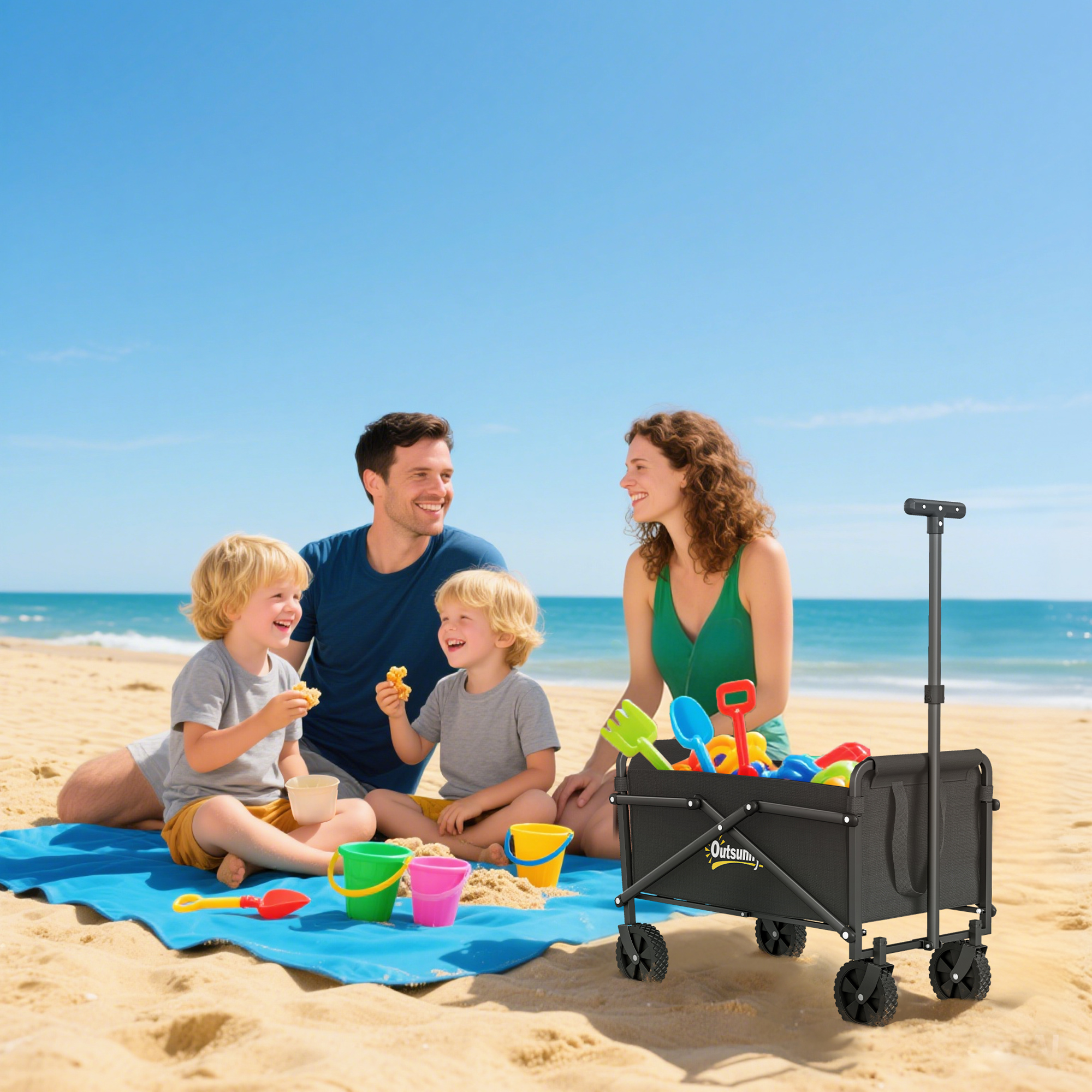 Bollerwagen faltbar Handwagen 360° Gartenwagen mit verstellbarem Griff Strandwagen bis 60 kg für Sport Einkauf Schwarz