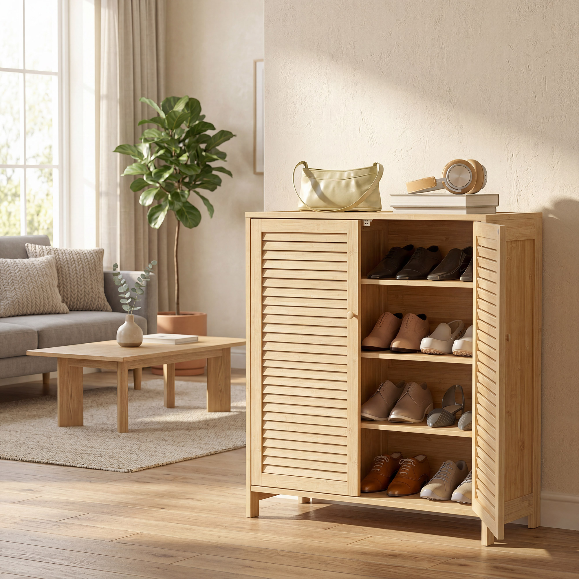 schmaler Schuhschrank, Rattan, schmal, hoch, Holz, kleine Schublade, dünn