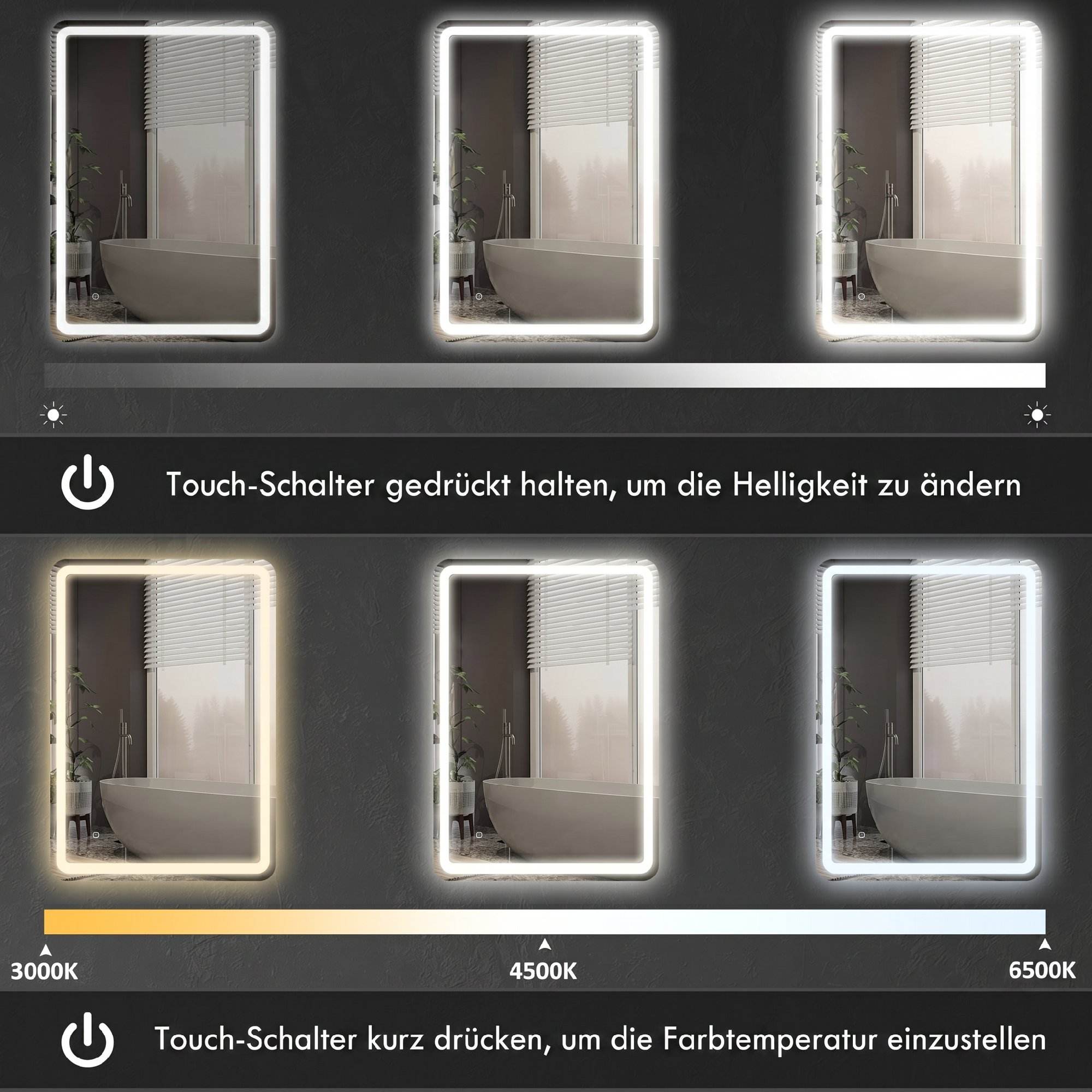 Badezimmerspiegel, beleuchtet, Touch-Steuerung, beschlagfrei, dimmbar, 3 Lichtfarben, 70 x 100, Silber