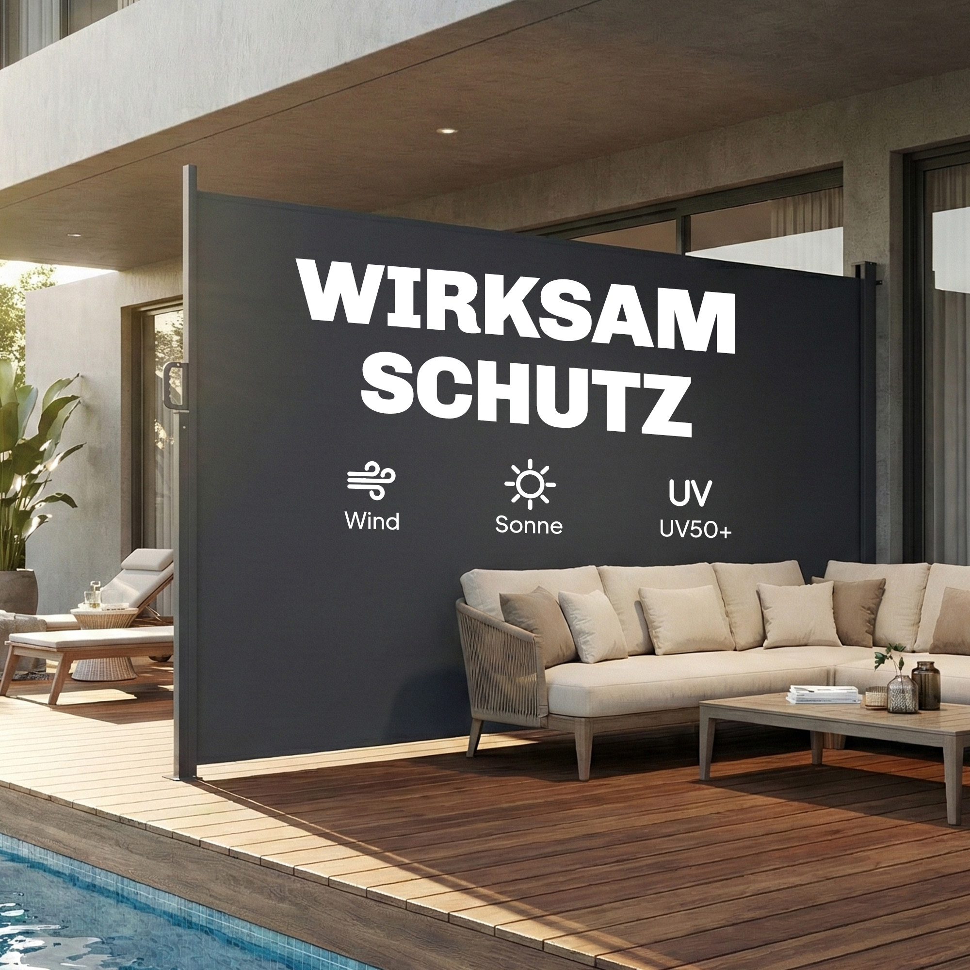 Ausziehbare Seitenmarkise, Sichtschutz für Außenbereiche, Wasserabweisend, UV 50+, 420 x 185 cm, Dunkelgrau