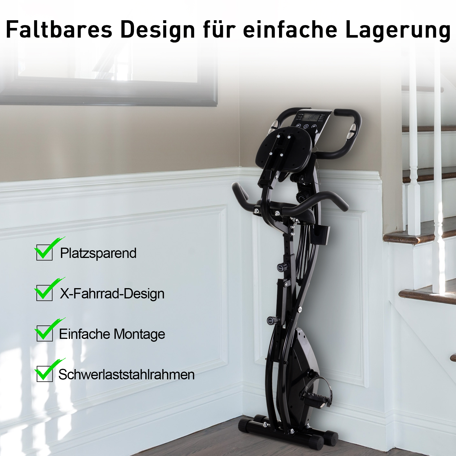 Heimtrainer 2-in-1 Fahrradtrainer mit LCD-Display Pulsmesser verstellbar Sitz Räder, klappbarer Hometrainer Trimmrad mit 8 stufig Magnetwiderstand, Spannseil, Stahl