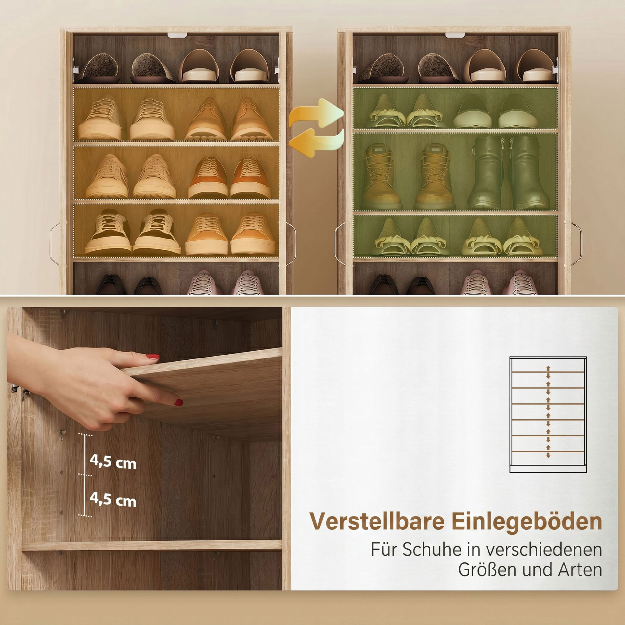 Schuhschrank mit 2 Türen, 6 verstellbare Regalböden, Soft-Close-Scharniere für 14 Paar Schuhe, Naturholz