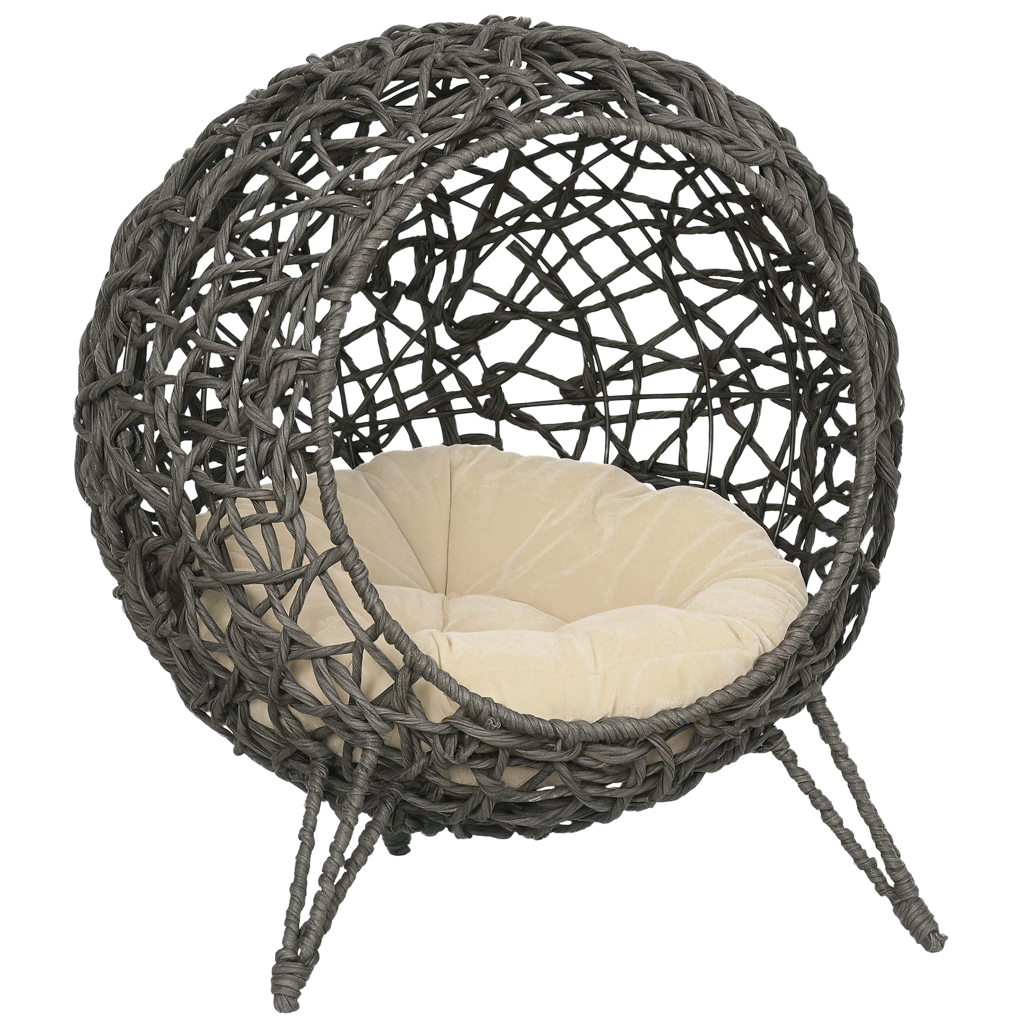 Katzenhaus aus Rattan mit Kissen Katzenschlafplatz Katzenhöhle mit erhöhten Füßen Silbergrau Ø52 x 58 cm Katzenhaus aus Rattan mit Kissen Katzenschlafplatz Katzenhöhle mit erhöhten Füßen Silbergrau Ø52 x 58 cm