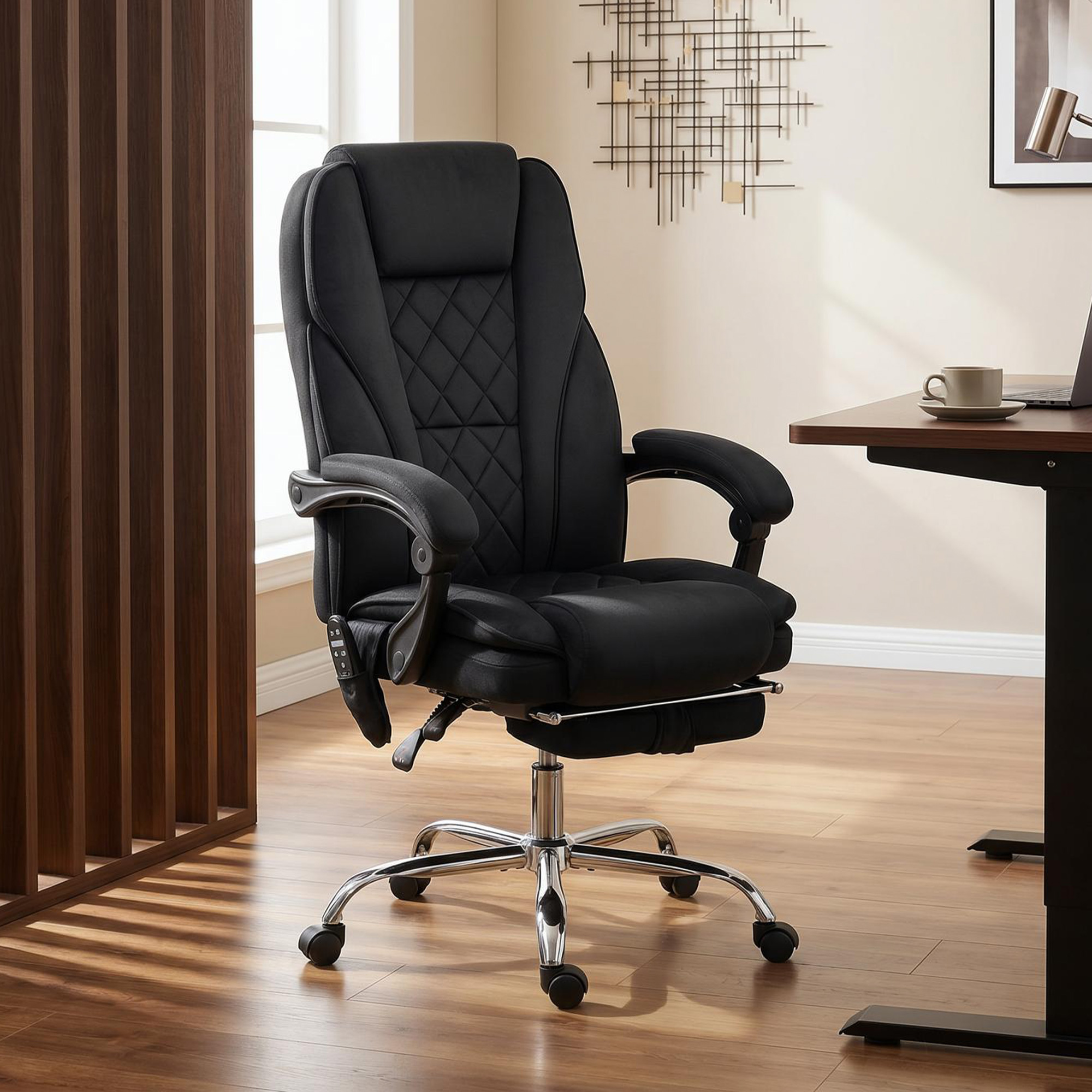 Ergonomischer Bürostuhl mit Massagefunktion, Fußstütze, drehbar, rollbar, Schwarz