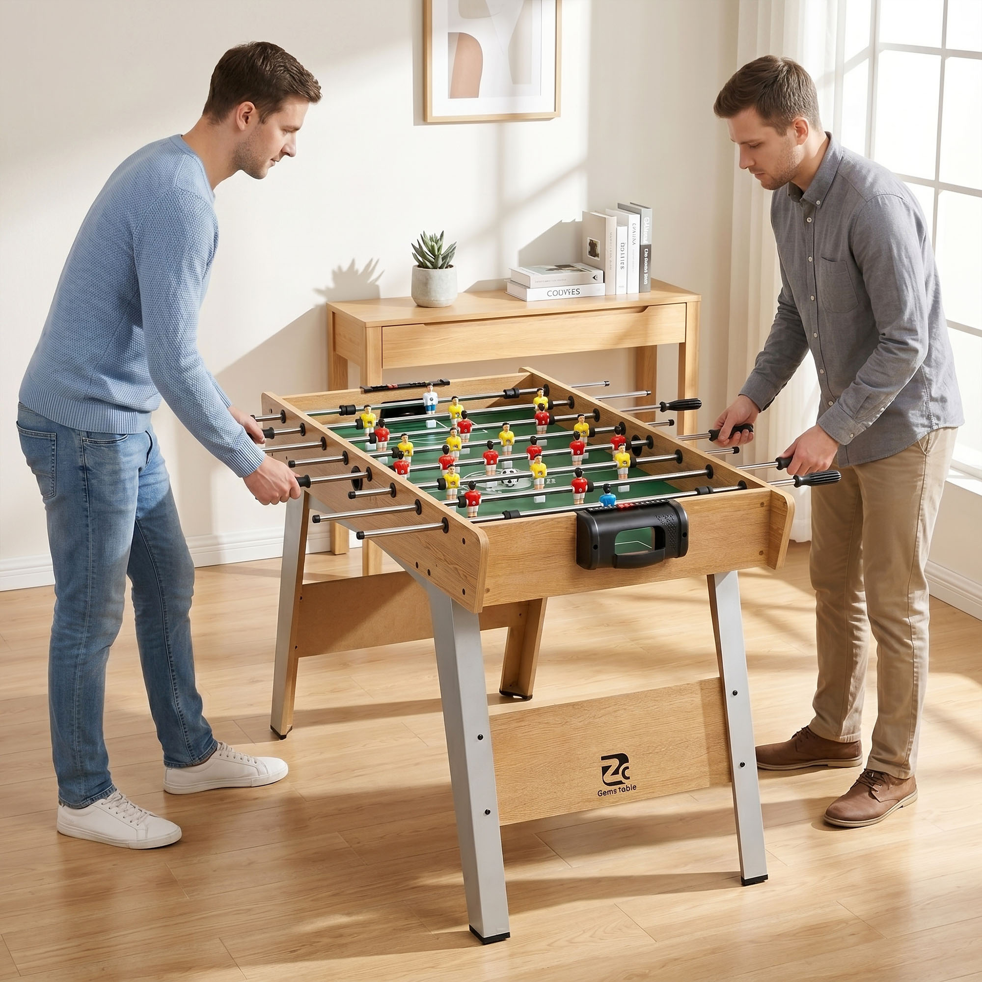 Tischkicker Kickertisch inkl 22 Kicker 2 Bälle Rutschfest Griffe Punktezähler Schräge Beine 121x87x77cm Naturholz