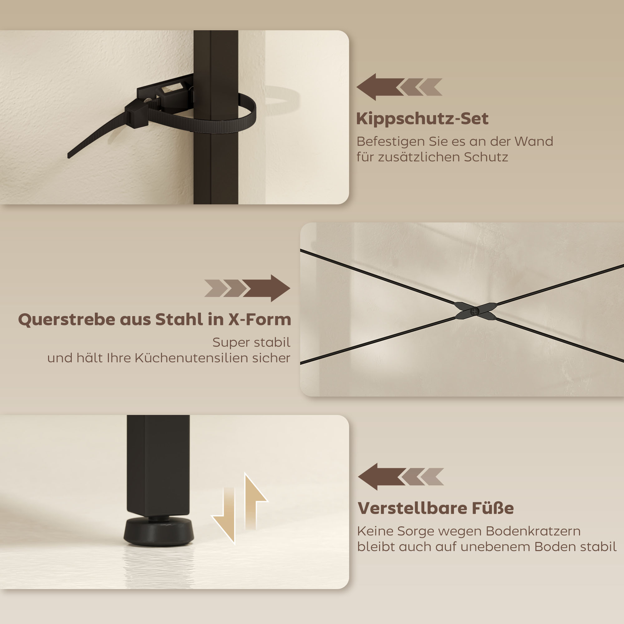 Küchenregal, Standregal mit 2 Steckdosen, 5 S-Haken, 5 Ablagen, Korb, X-Streben Stahl 90 x 42 x 130 cm