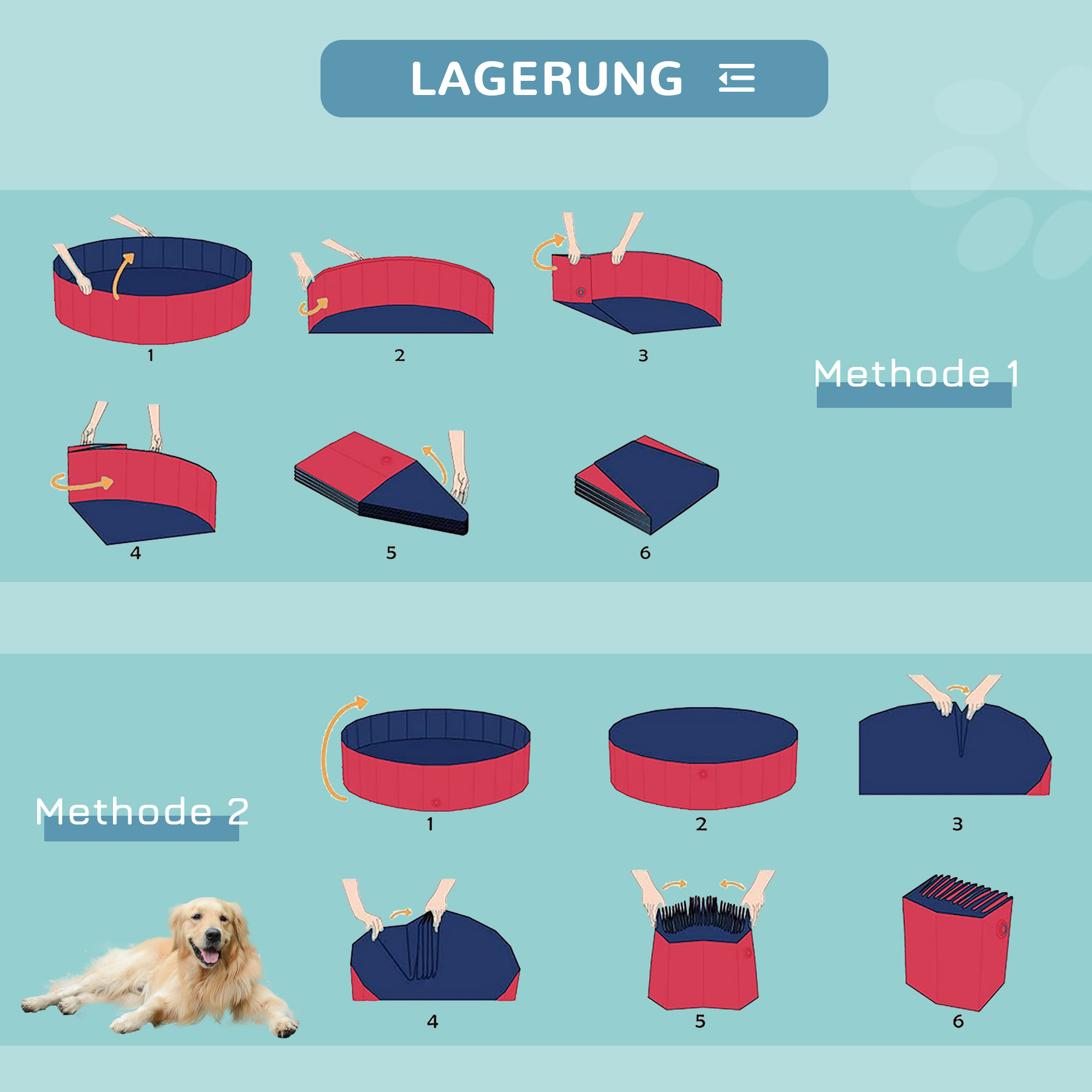 Hundebadewanne faltbar Hundepool Schwimmbecken Swimmingpool Plantschbecken Badewanne für Hunde & Katzen Wasserbecken aus Kunststoff, Holz Ø100 x H30 cm Rot
