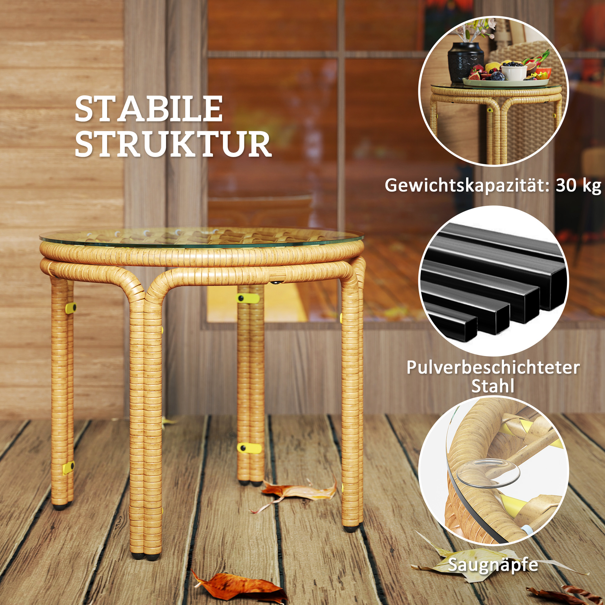 Beistelltisch aus Polyrattan runder Couchtisch mit Glas Tischplatte Nachttisch Ø50 cm Gelb