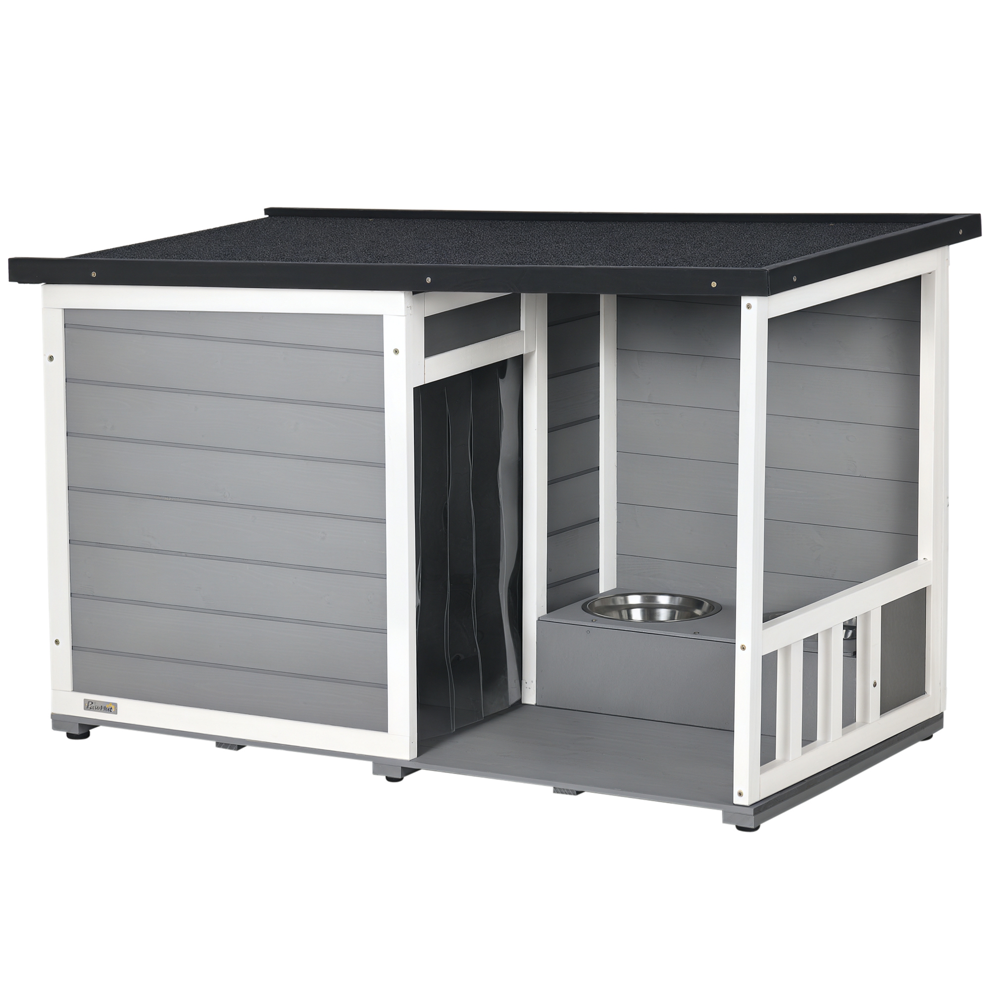 Hundehütte aus Massivholz, mit 2 Fressnäpfen, Veranda, wetterbeständig, 103 cm x 62 cm x 66 cm, Grau + Weiß Hundehütte aus Massivholz, mit 2 Fressnäpfen, Veranda, wetterbeständig, 103 cm x 62 cm x 66 cm, Grau + Weiß