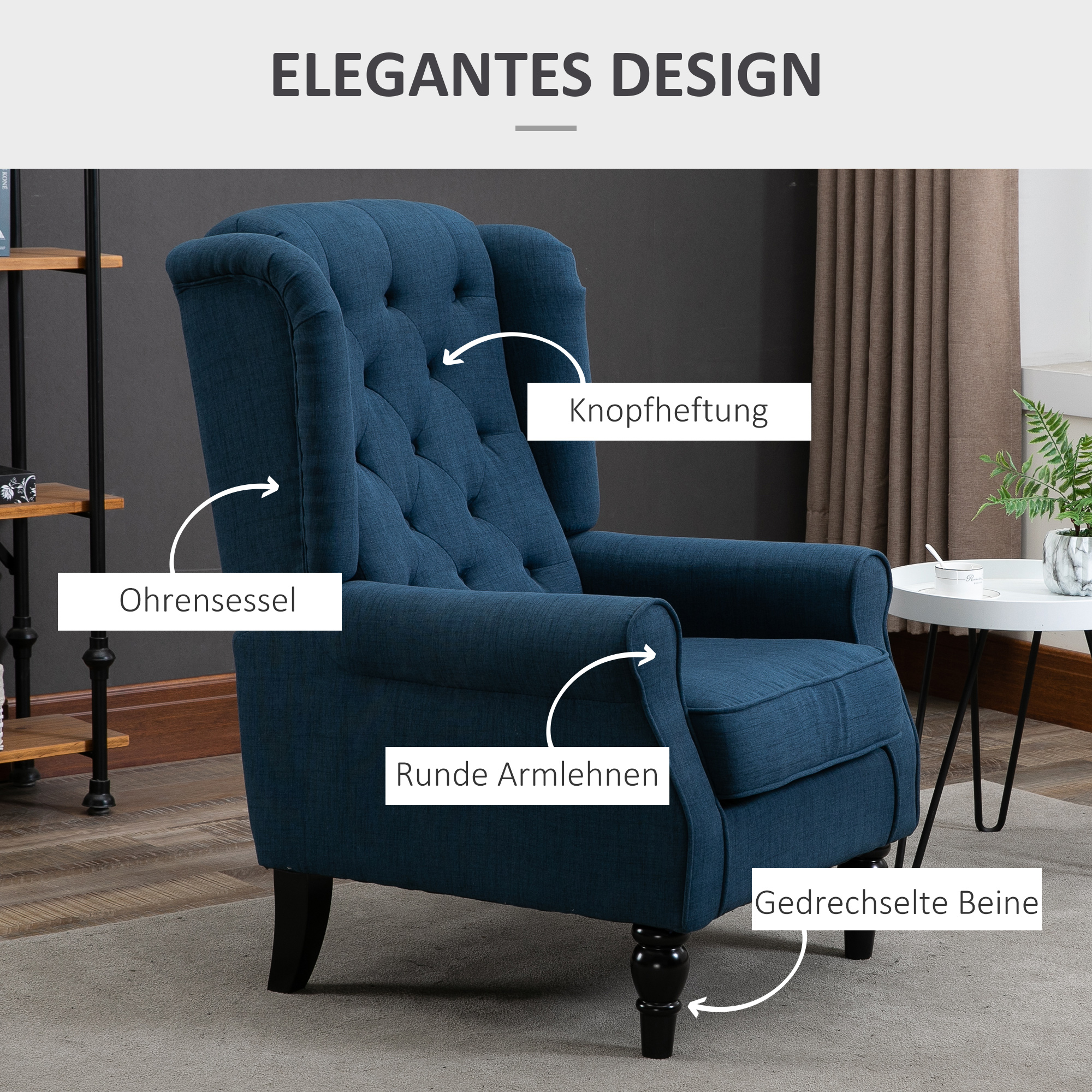 eleganter Ohrensessel, dick gepolstert, abnehmbarer Bezug, 74 x 86 x 102 cm, Blau