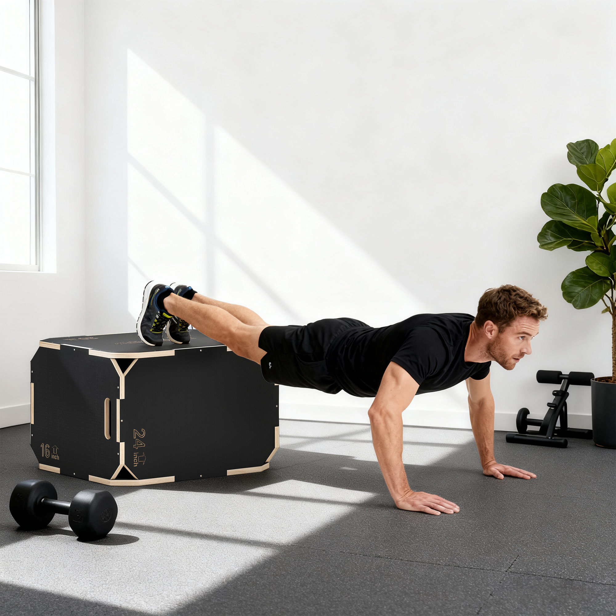 3-in-1 Plyo-Box, Sprungbox mit Griff-Öffnungen, für Home-Fitness und Outdoor-Workouts, 3 Sprunghöhen, Holz, Schwarz