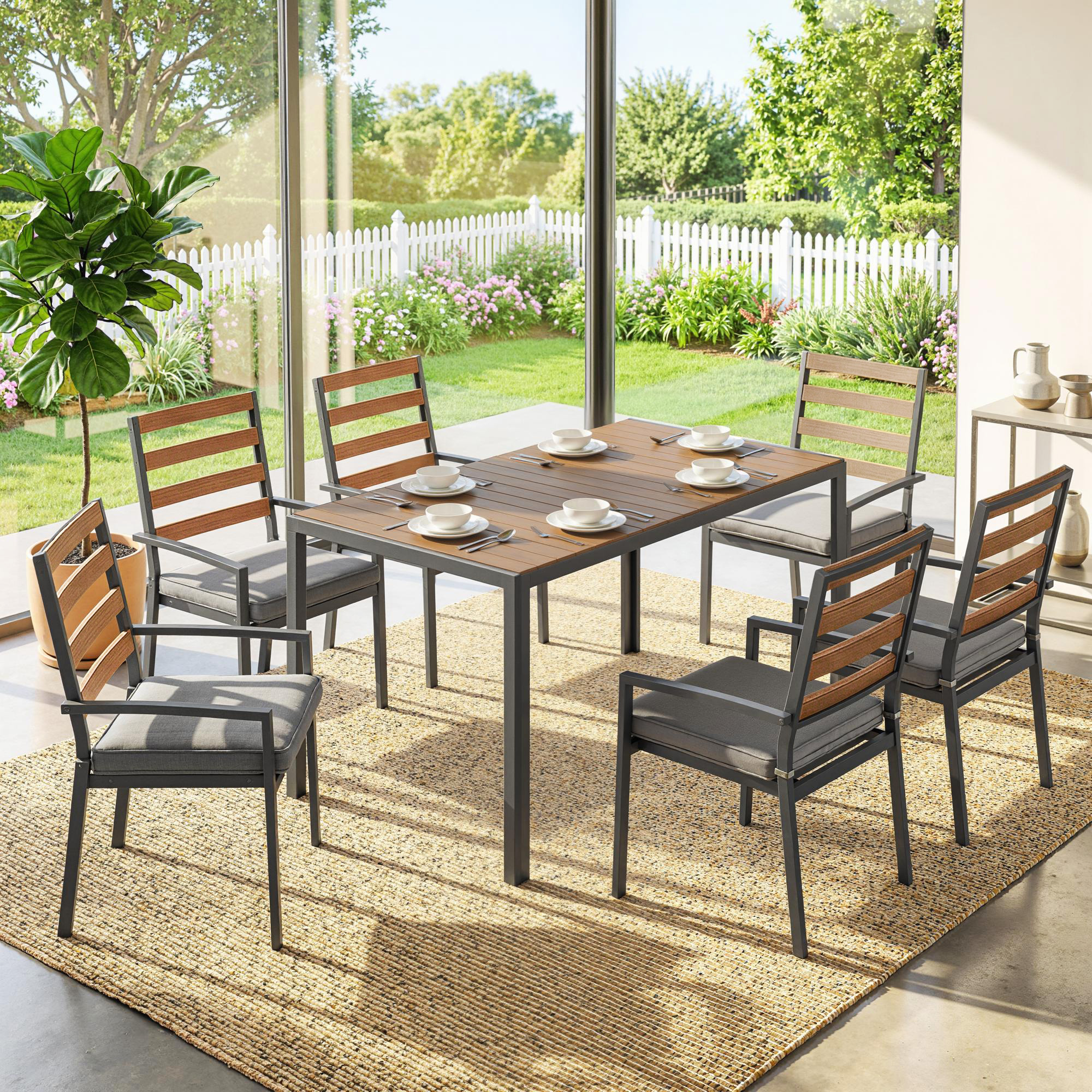7 tlg. Sitzgruppe Gartenmöbel-Set, Gartengarnitur mit 1 Esstisch, 6 Stühlen, Kissen, für Terrasse, Naturholz