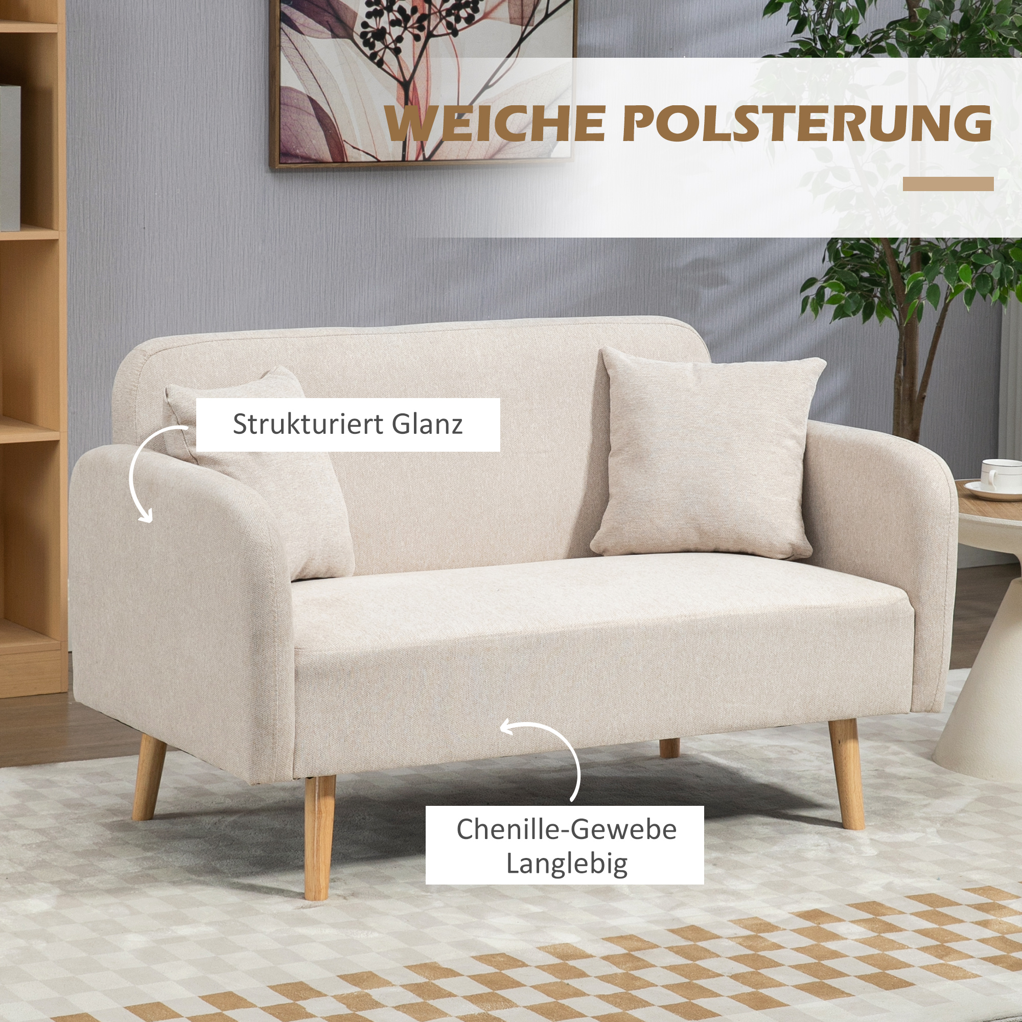 2er-Sofa Sofa Couch, Modern-Design, inkl. 2 Kissen, Holzbeine, 130 x 70 x 80 cm, Creme