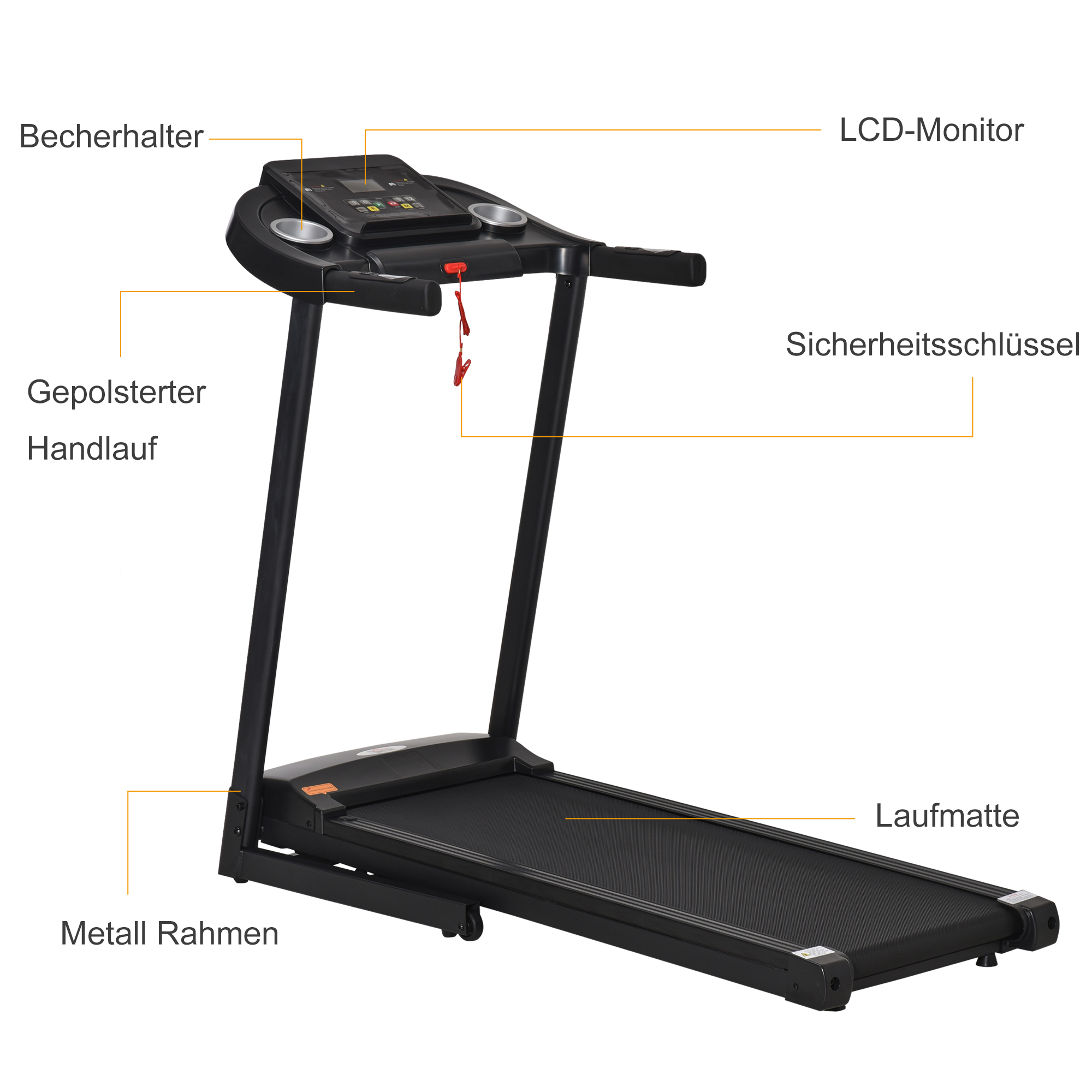 Laufband Klappbar elektrisch 500 W 1-12 km/h LED-Display Getränkehalter und Handyhalterung sehr gut geeignet für Home Gym Indoor Fitness Schwarz 134 x 60 x 118 cm