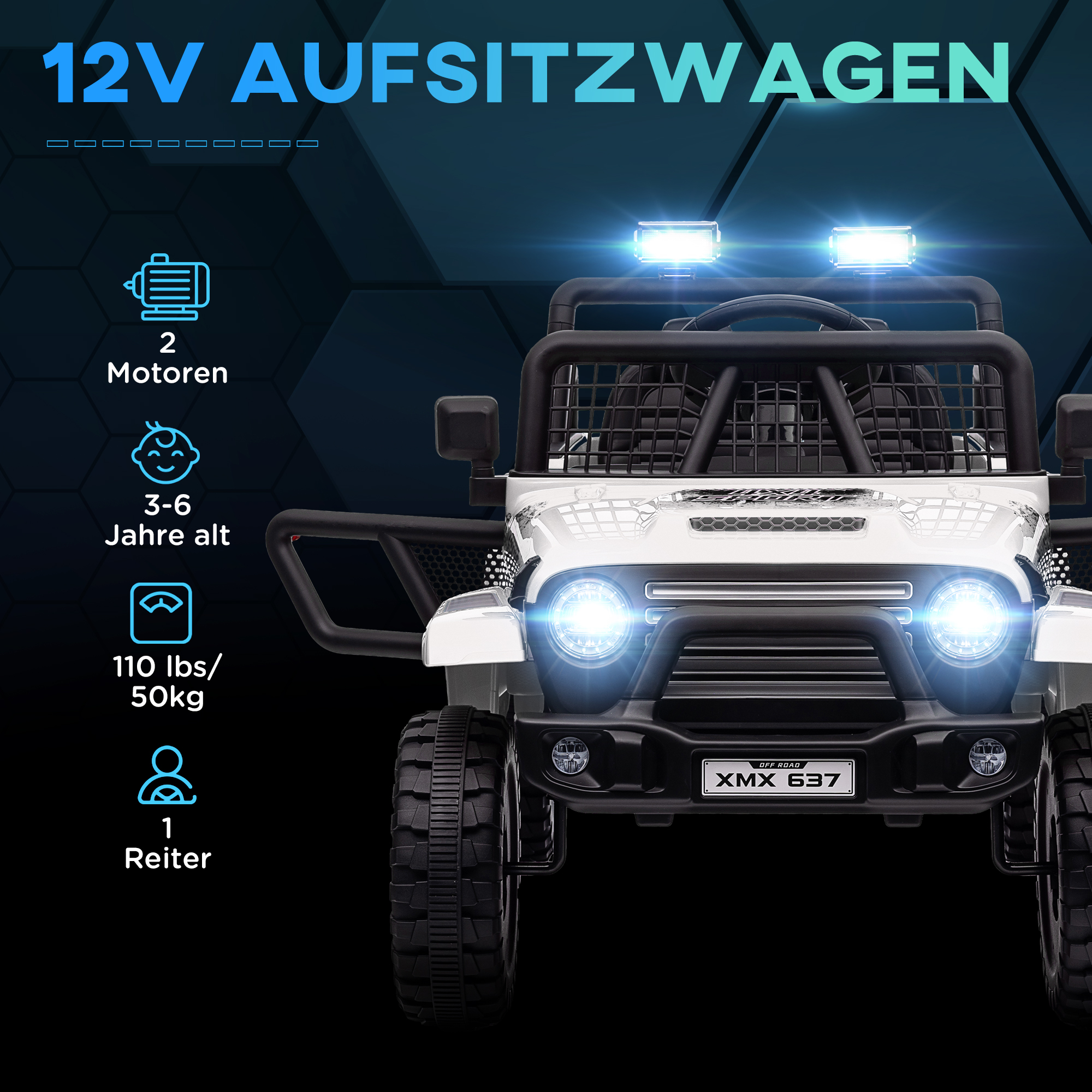 Kinder-Elektroauto mit sanfter Federung, fernsteuerbar, LED-Lichter, Hupe, 12V-Motoren, aus Kunststoff und Metall, Weiß