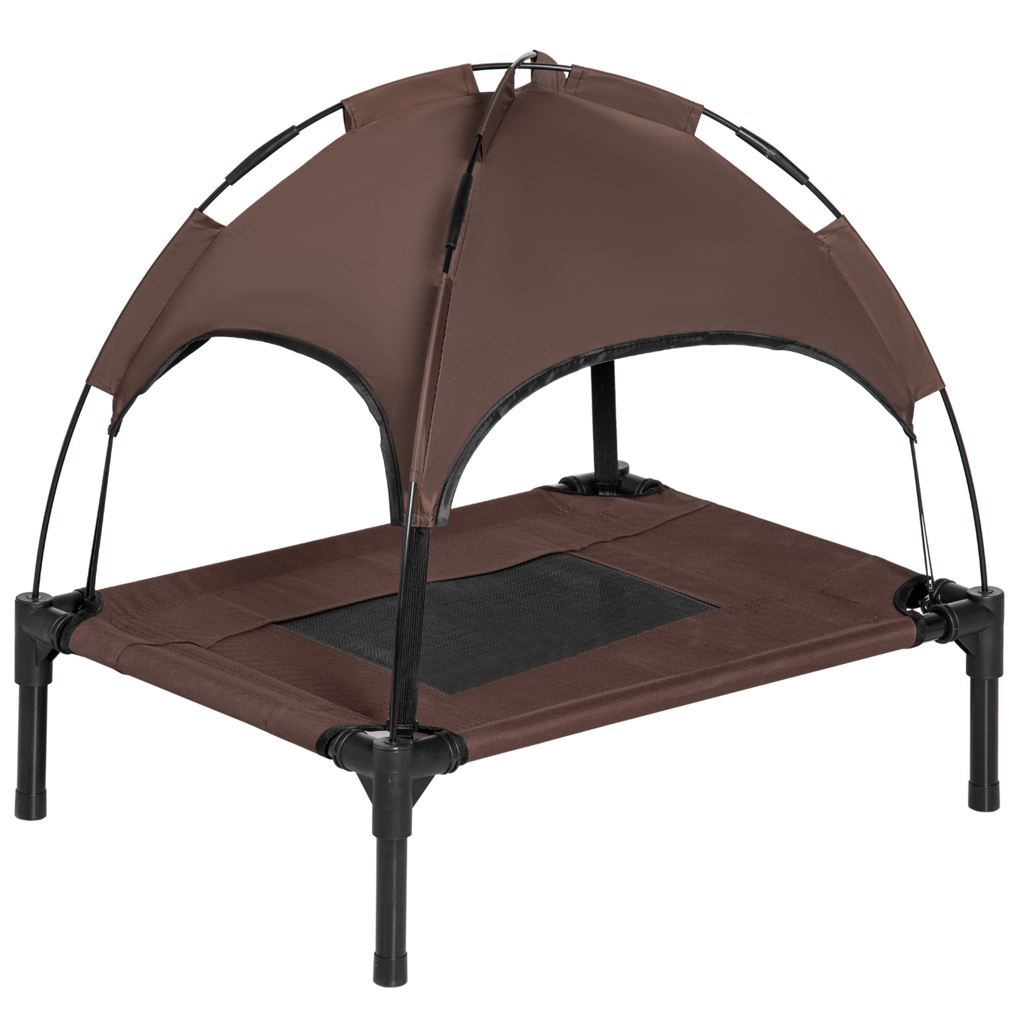 Haustierbett mit Baldachin, klappbar, Hundeliege, Outdoor-Hundebett, Mesh-Stoff, Braun + Schwarz
