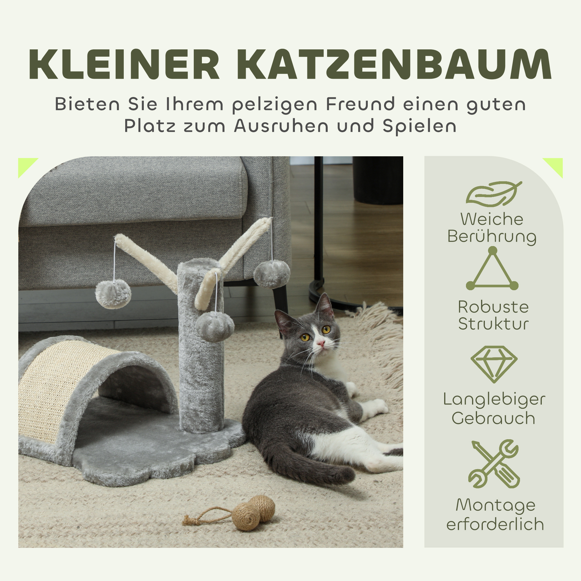 Kratzbaum 40 cm Kleiner Katzenturm mit Höhle, 2 Spielball, Kratzmatte, Katzenkratzbaum, Kletterbaum, für kleine & große Katzen, Hellgrau