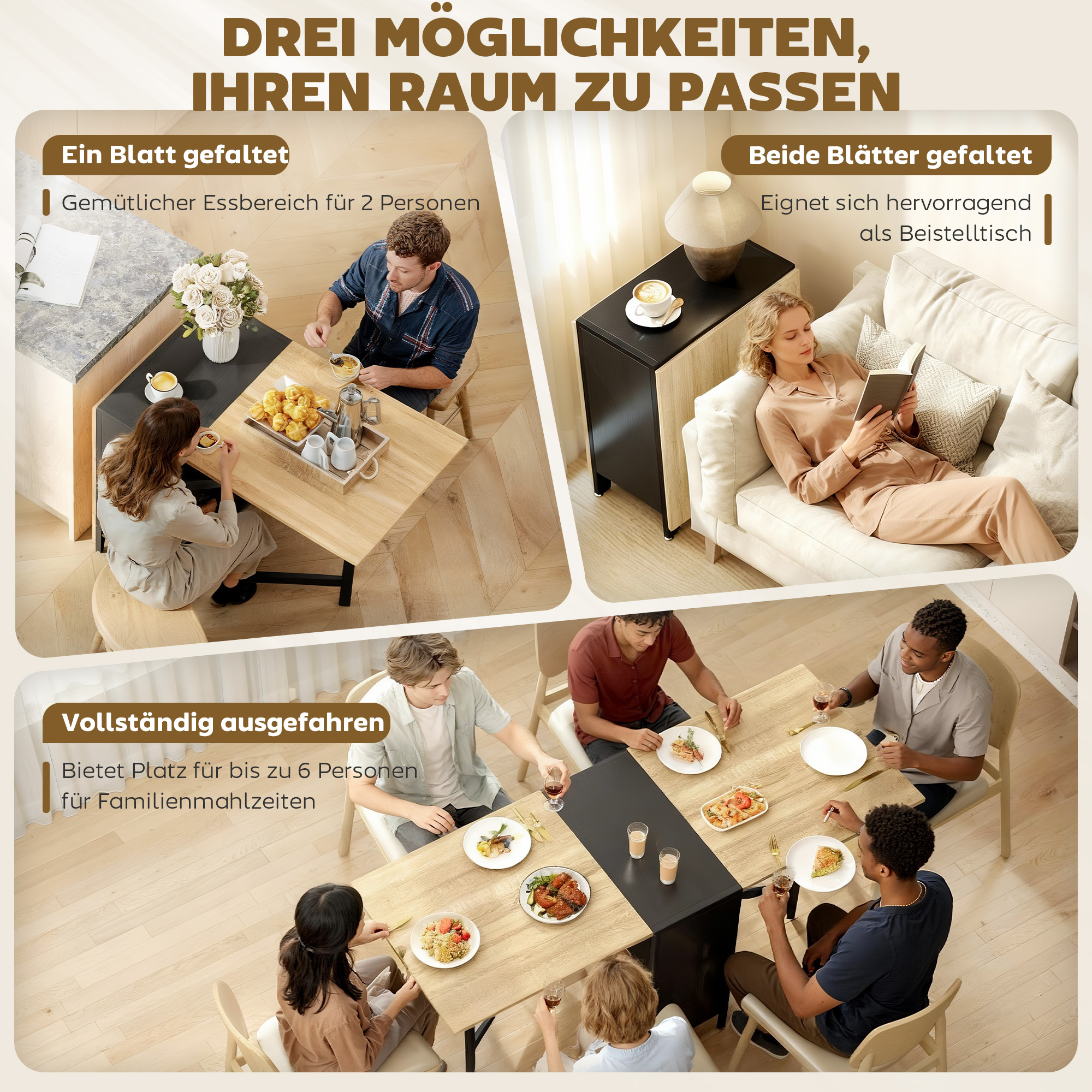 Klapptisch Esstisch Beistelltisch Eiche Metallrahmen Küche Wohnzimmer Dunkelholzfarbe+Schwarz
