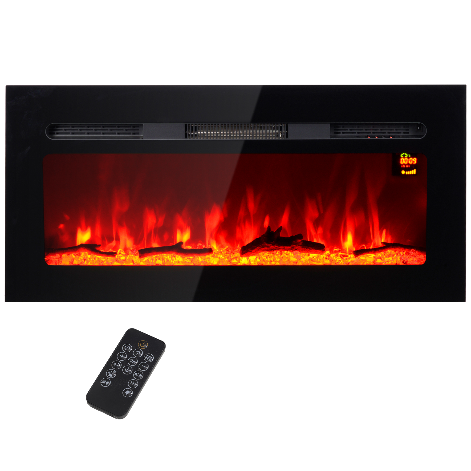 Elektrischer Kamin mit Wandhalterung und Fernbedienung, künstliche Holzscheite und Kristalle, 1800W Leistung, Schwarz