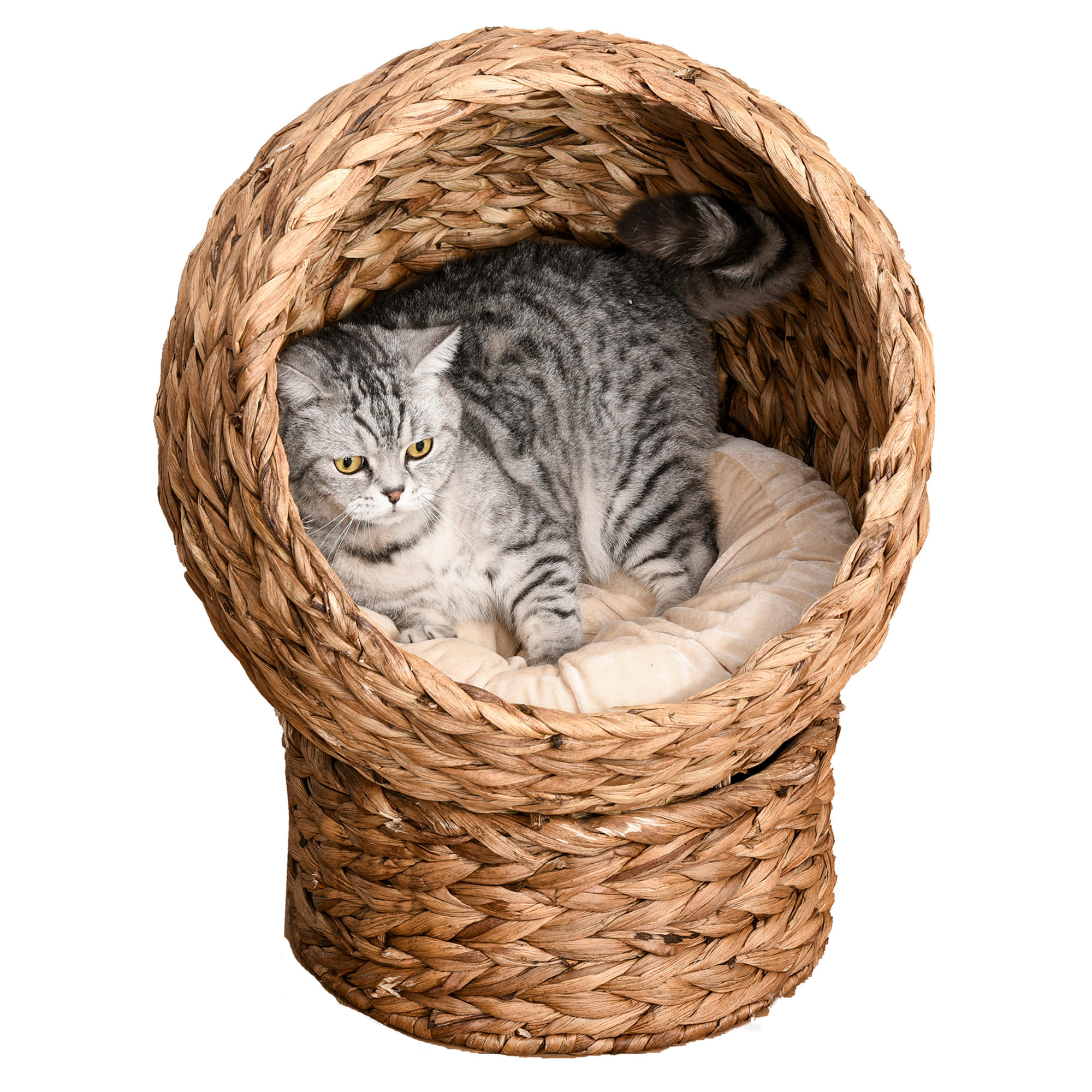 Rattan Katzenkorb Katzenhöhle Katzenhütte Katzenbett mit Kissen Haustierbett Wasserhyazinthe Braun 50 x 42 x 60 cm