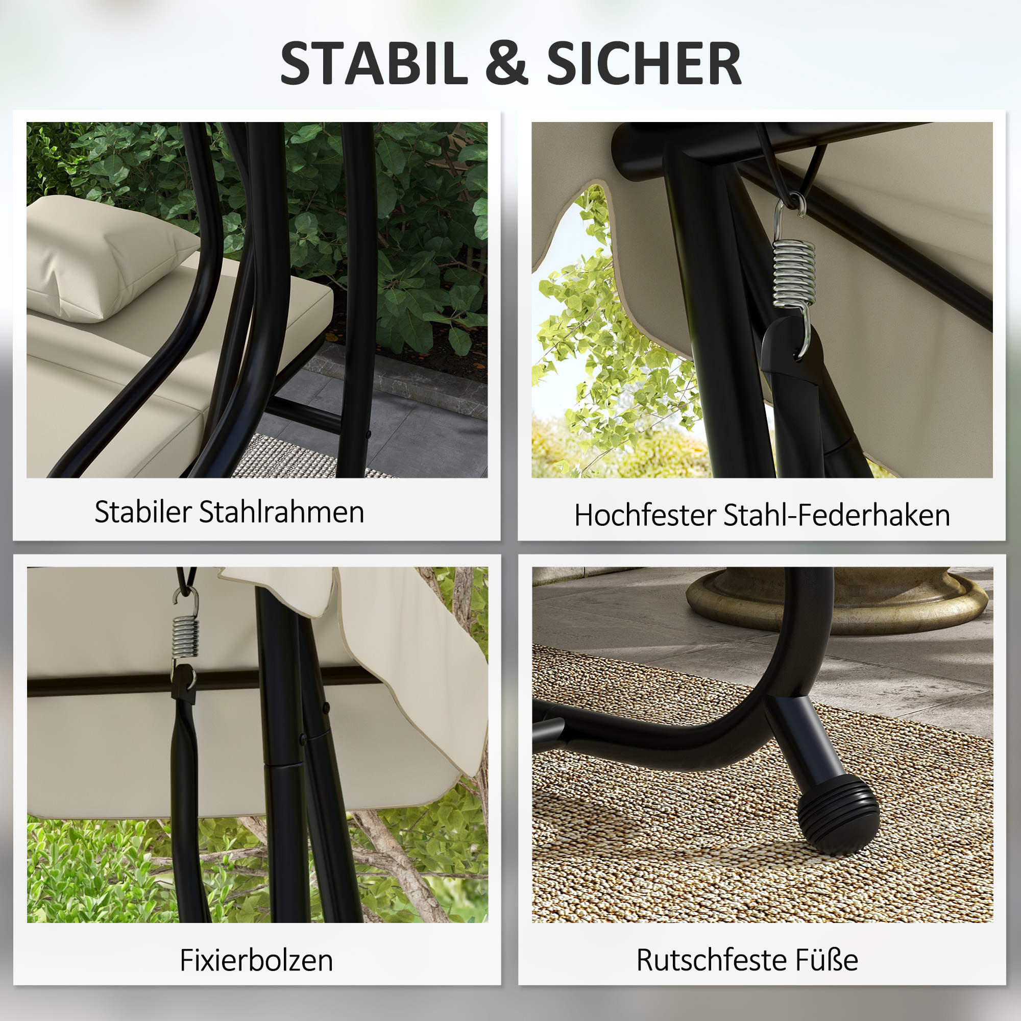 2-in-1 Hollywoodschaukel mit Liegefunktion, verstellbares Dach, bis 340 kg, Stahl, 200x120x164 cm, Cremeweiß